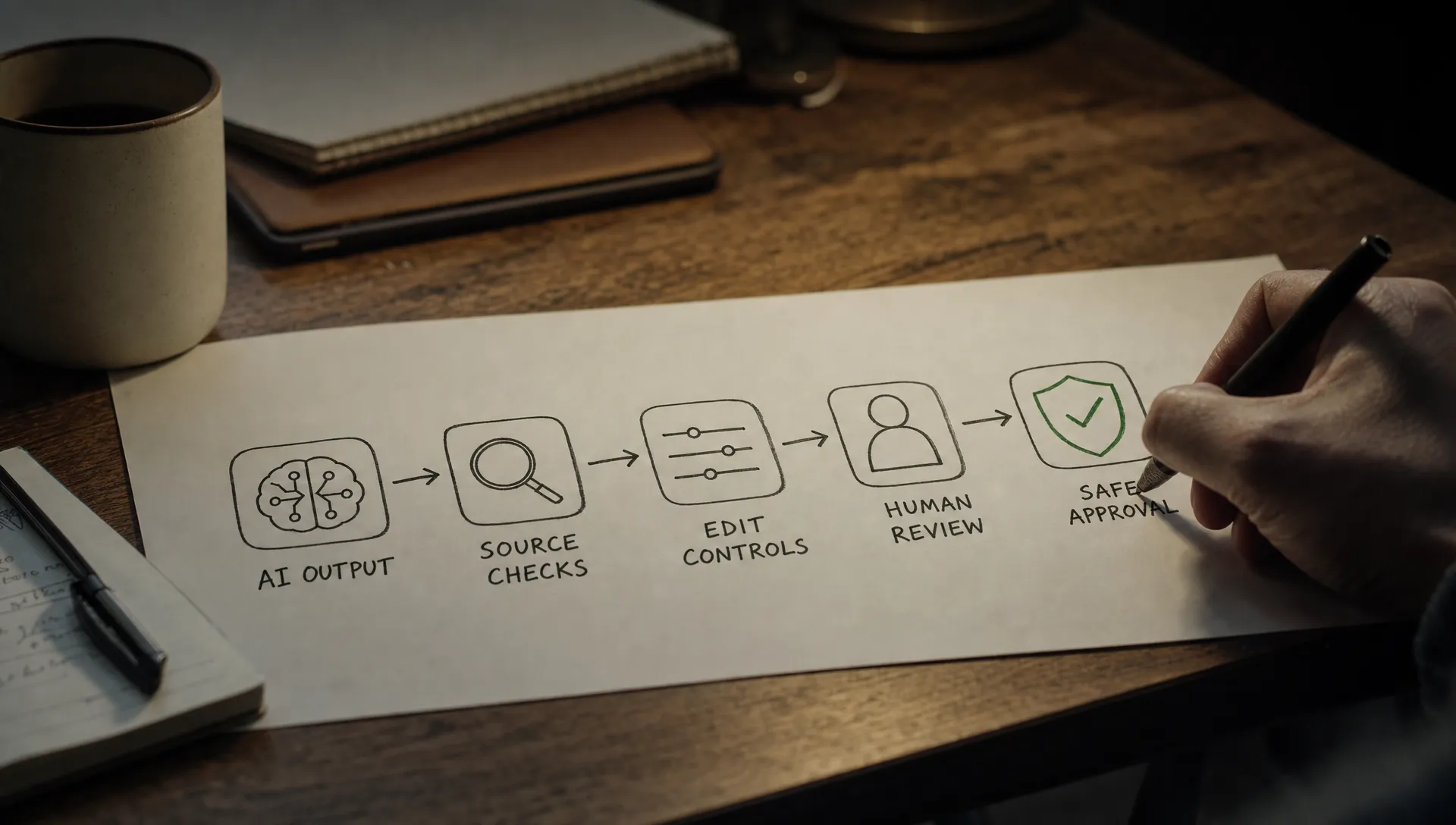 A workflow sketch shows an AI output moving toward source checks, edit controls, human review, and safe approval.