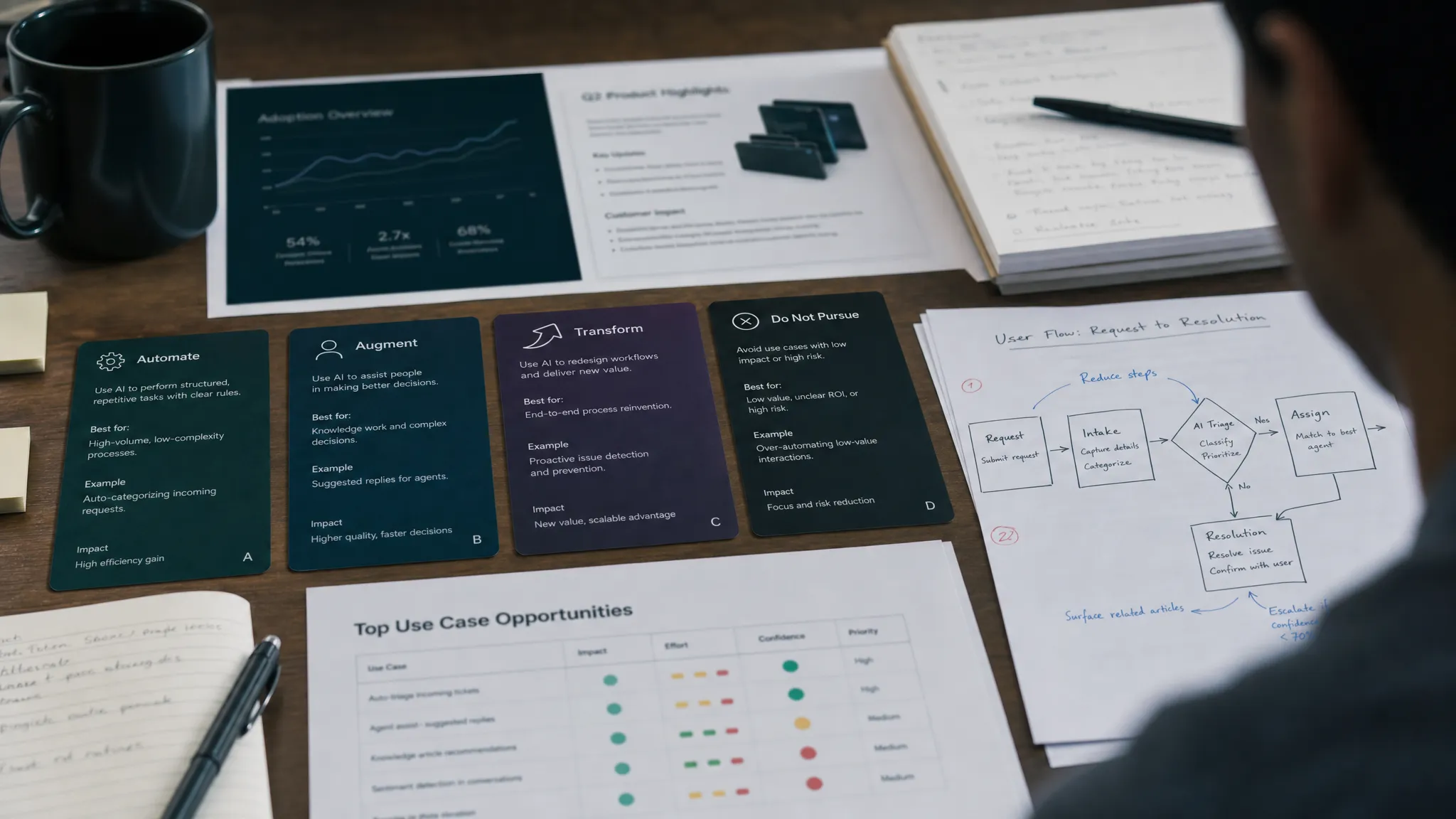 A close-up of AI decision cards laid out beside printed product docs, adoption metrics, and annotated user flow sketches on a conference table.