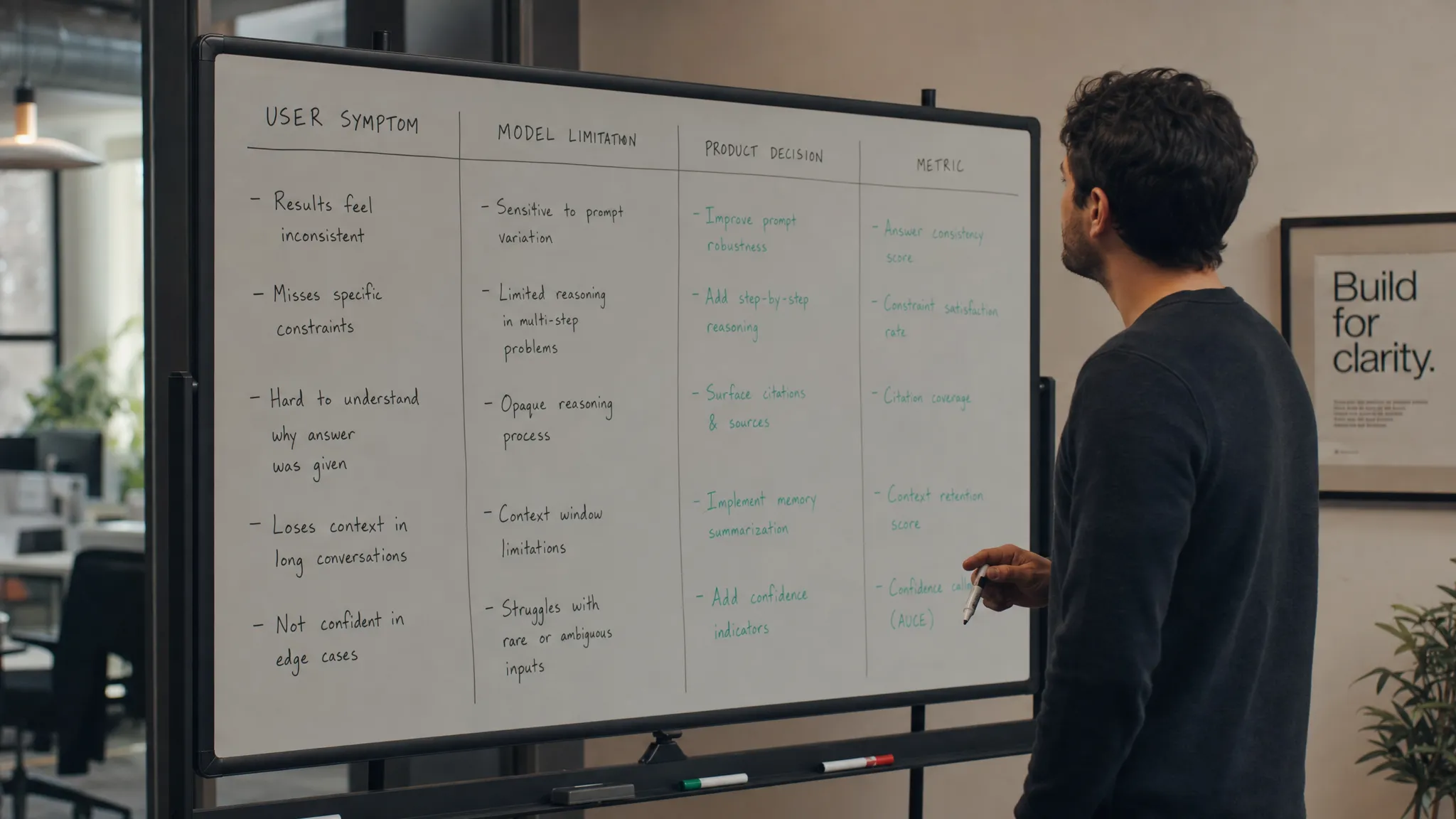 A whiteboard in a quiet office with columns for user symptom, model limitation, product decision, and metric, while one person stands beside it holding a marker and studying the notes.