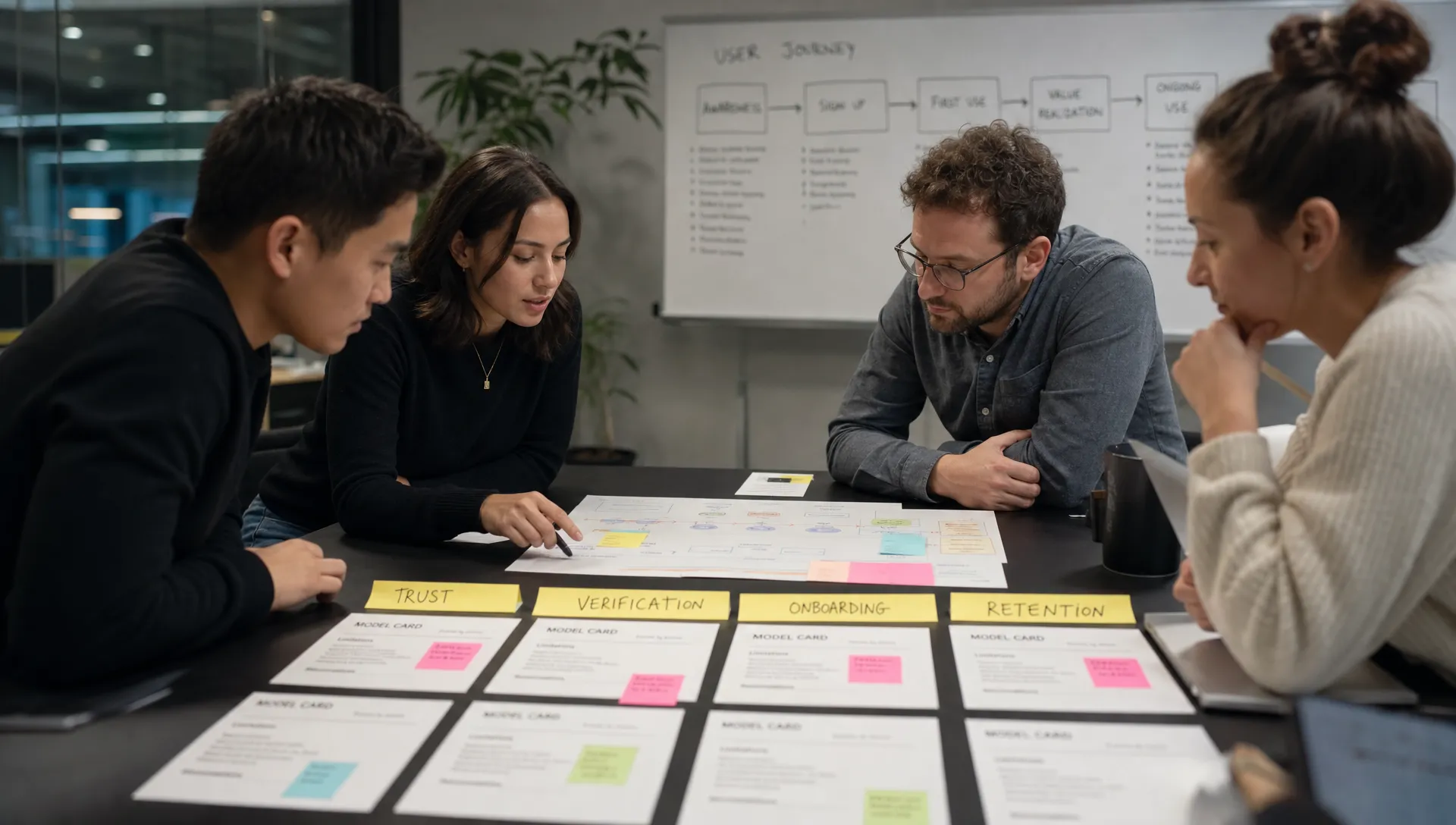 A product team reviews printed AI model cards on a conference table, mapping model limitations to user journey steps with sticky notes labeled trust, verification, onboarding, and retention.