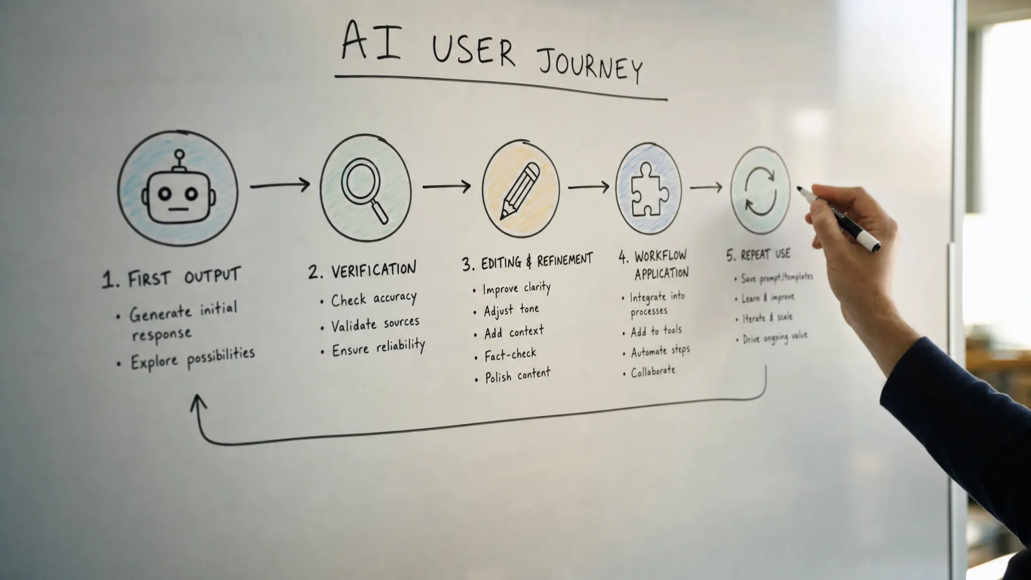 A whiteboard map of an AI user journey, showing the path from first output to verification, editing, workflow application, and repeat use, with a hand holding a marker beside the diagram.