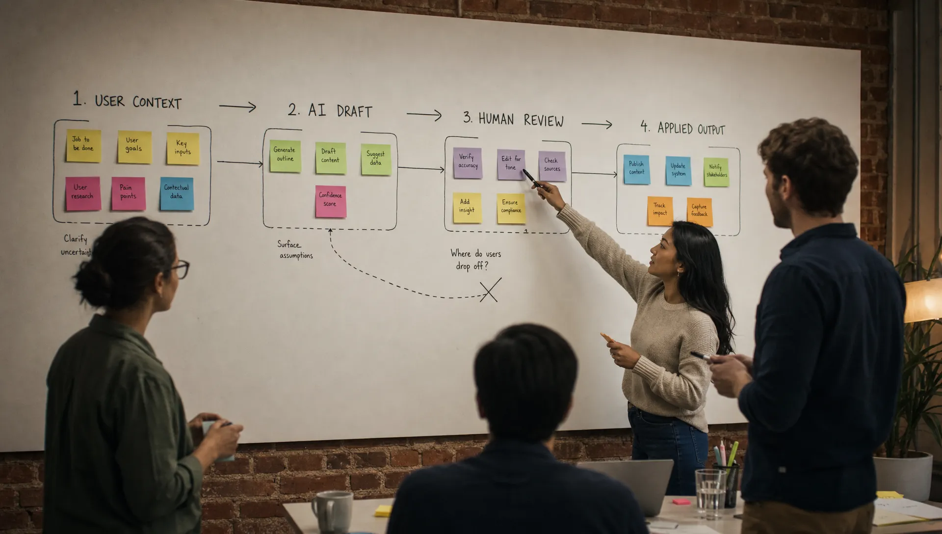 A product team maps an AI feature workflow on a wall with sticky notes showing four stages: user context, AI draft, human review, and applied output. A designer points to the review stage while a product manager marks where users currently drop off.