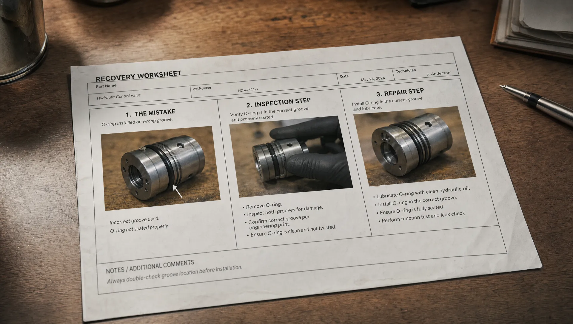 A printed recovery worksheet shows the mistake, the inspection step and the repair step laid out on a desk.