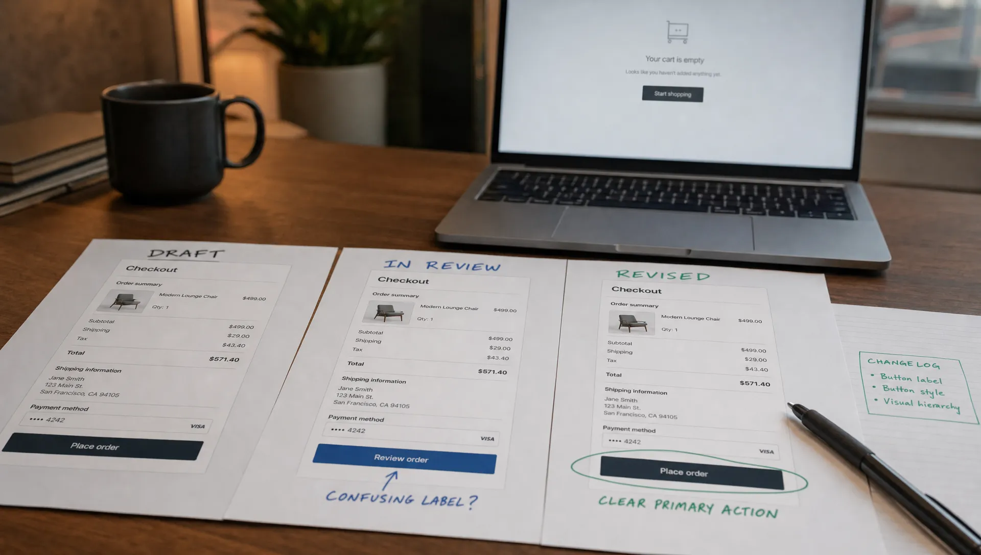 Printed checkout mockups show AI for product design review states beside a laptop in a waiting state.