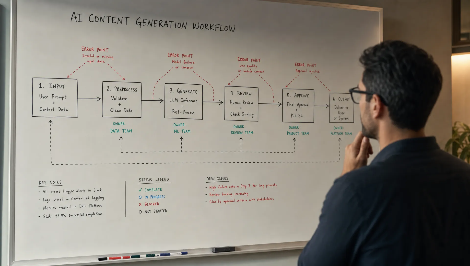 A whiteboard shows an AI workflow with error points, approval steps, and named owners while a teammate studies it.