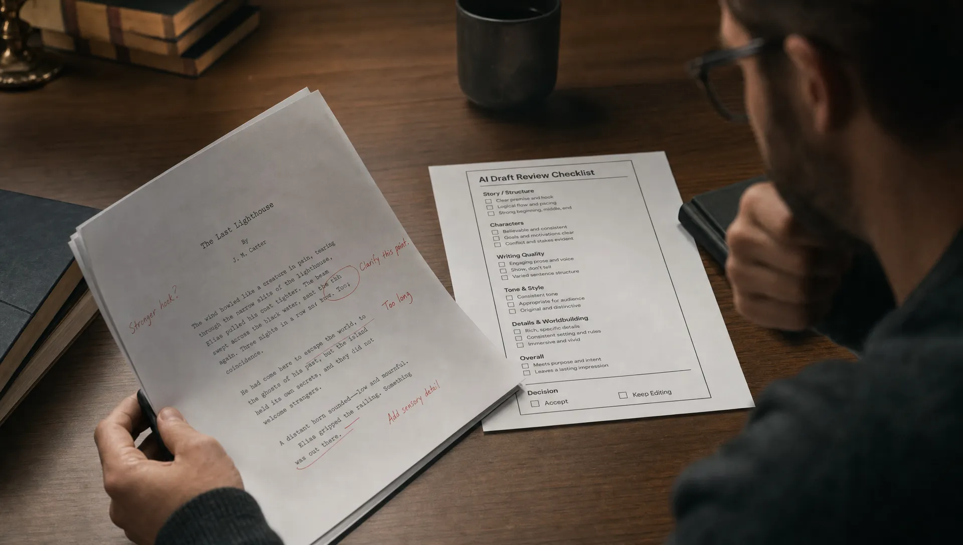 A marked-up AI draft sits beside a review checklist as someone decides whether to accept it or keep editing.