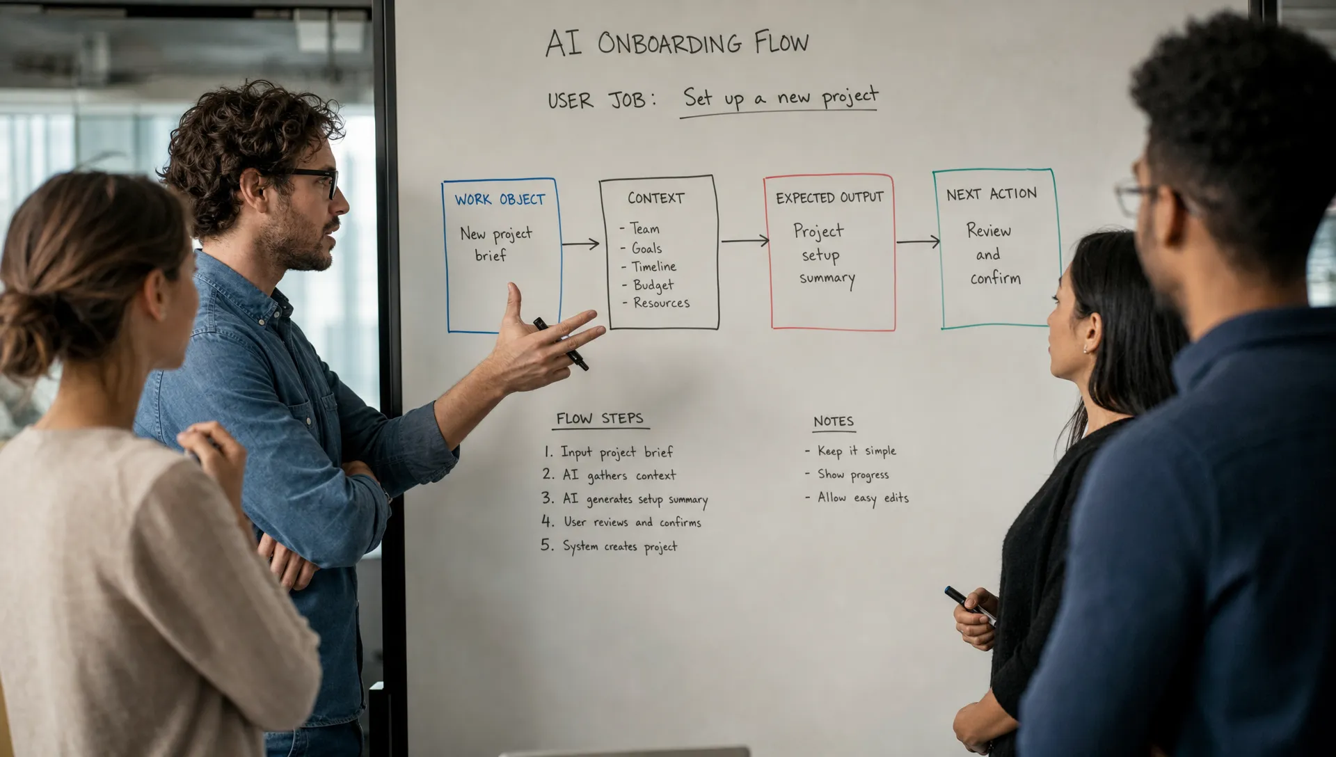 A product team maps an AI onboarding flow around a specific user job, with the work object, context, expected output, and next action on a whiteboard.