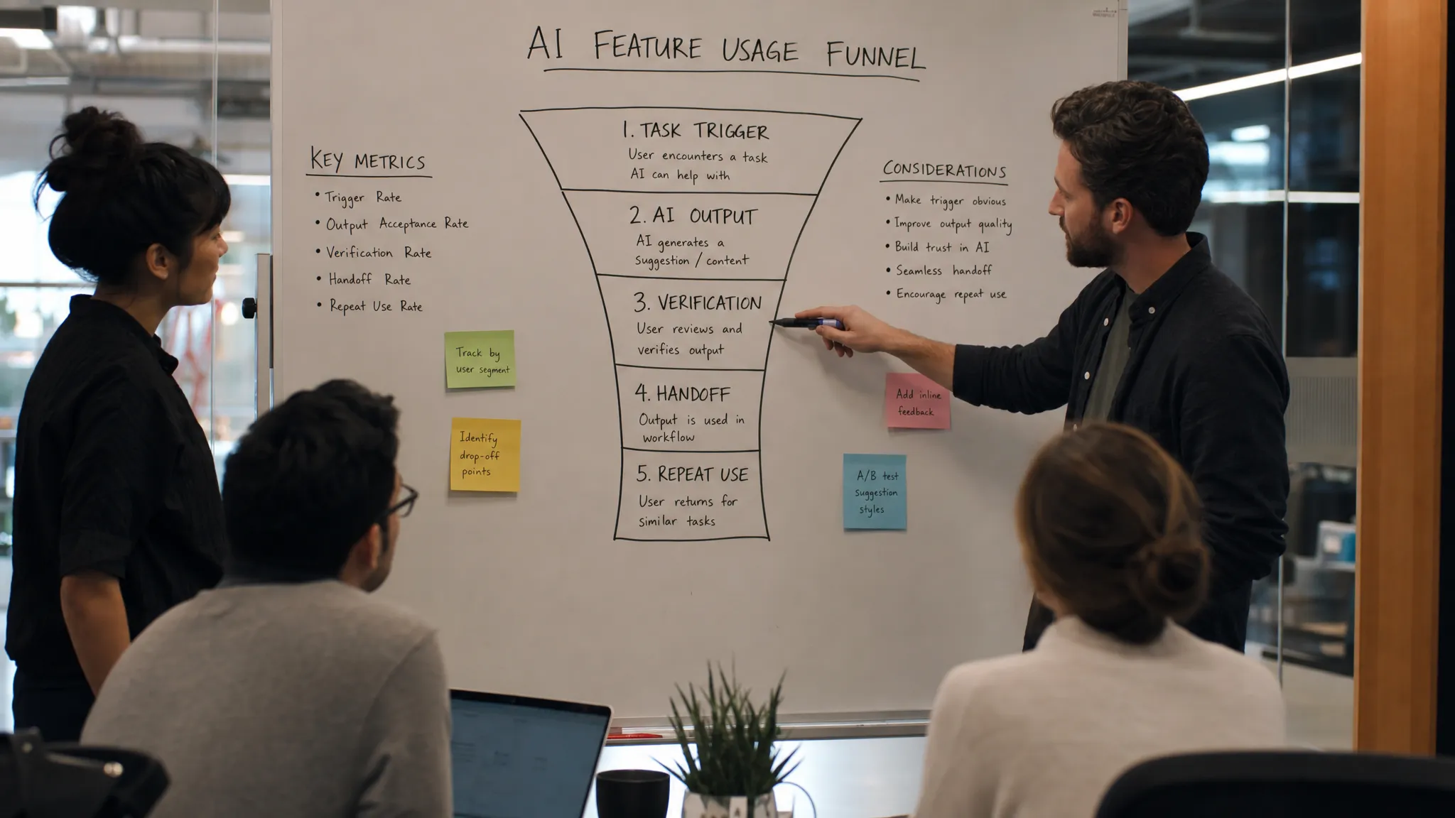 A product team maps an AI feature usage funnel on a whiteboard, showing the path from task trigger to AI output, verification, handoff, and repeat use.
