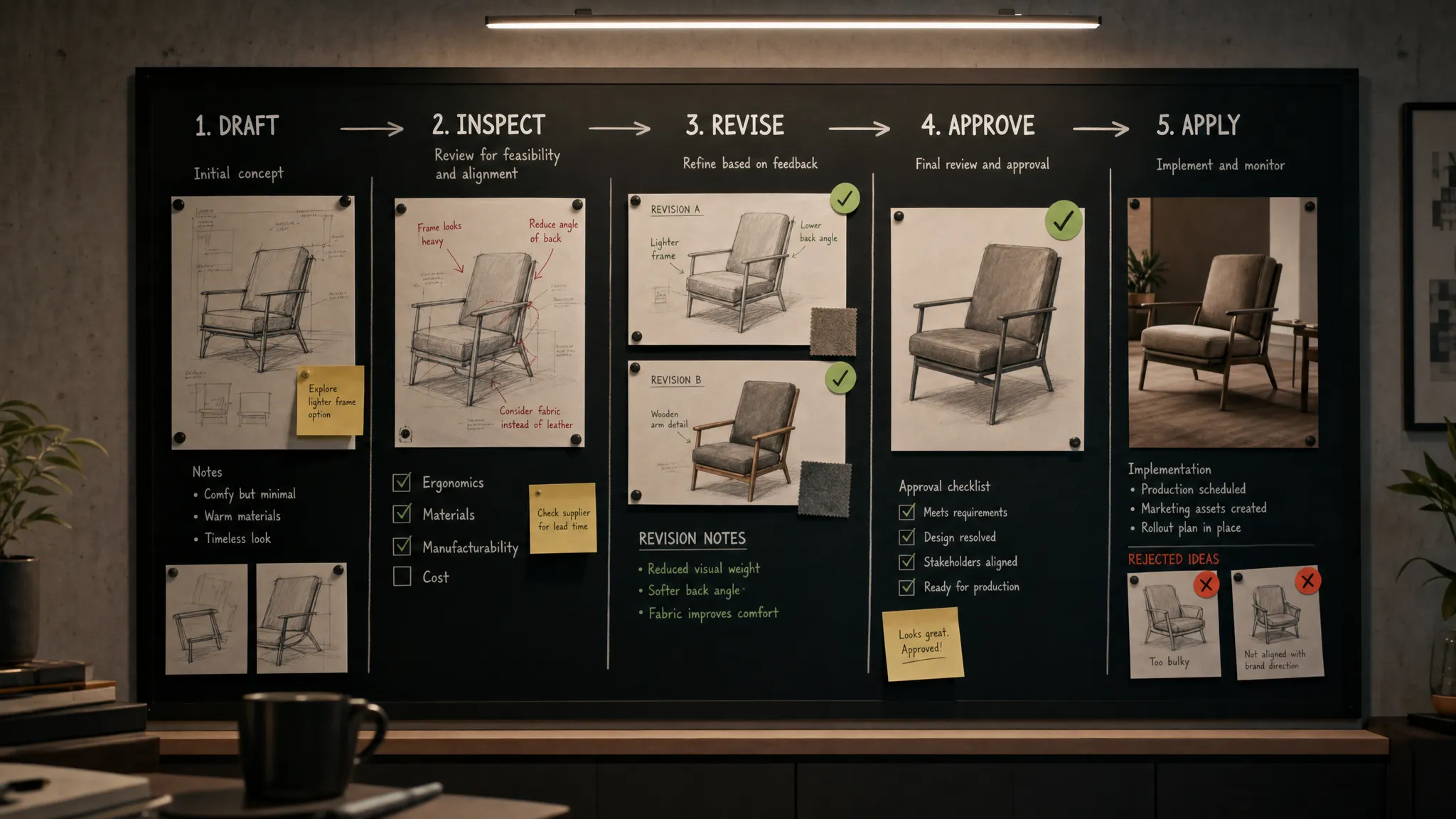 A workflow board showing five stages from draft to inspect to revise to approve to apply, with revision notes, checkmarks, and rejected suggestions arranged across the flow.