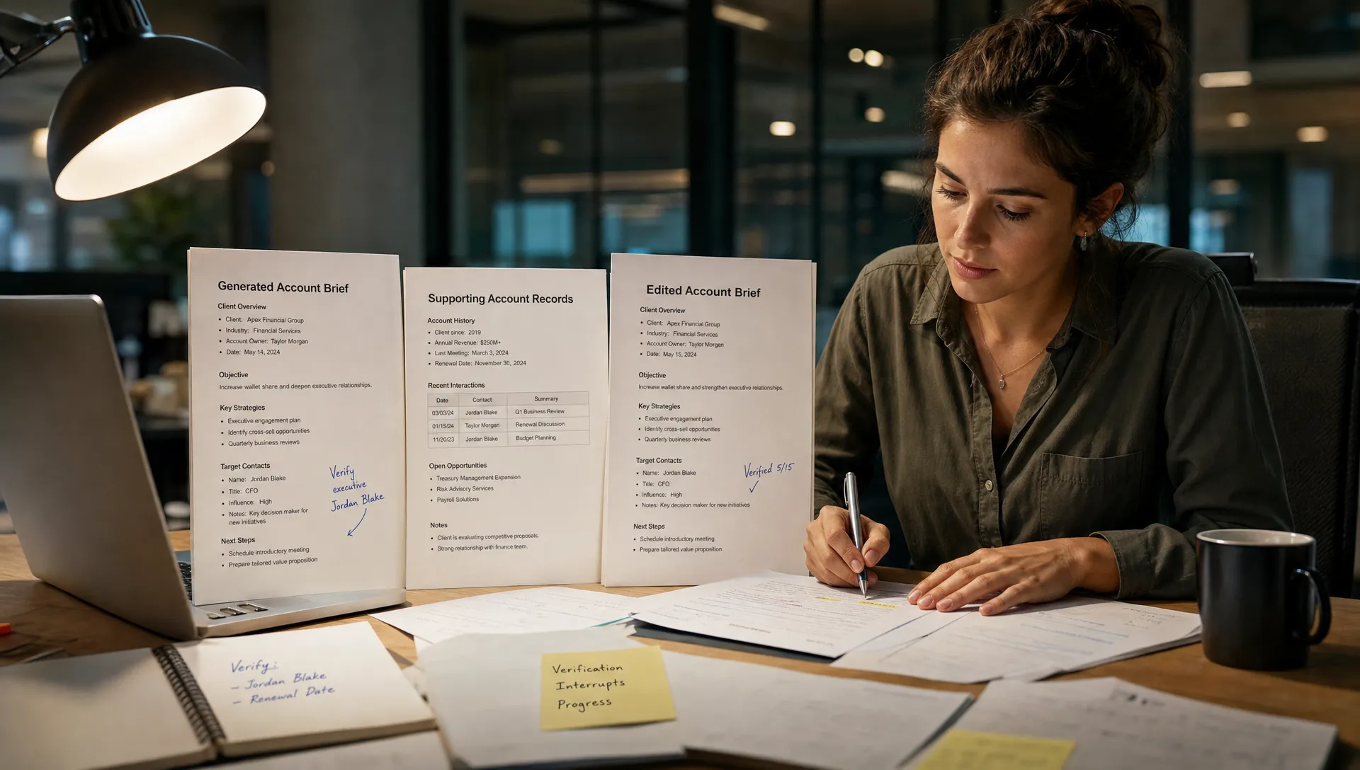 A generated account brief sits beside supporting account records and an edited version, with notes showing where verification interrupts the task.