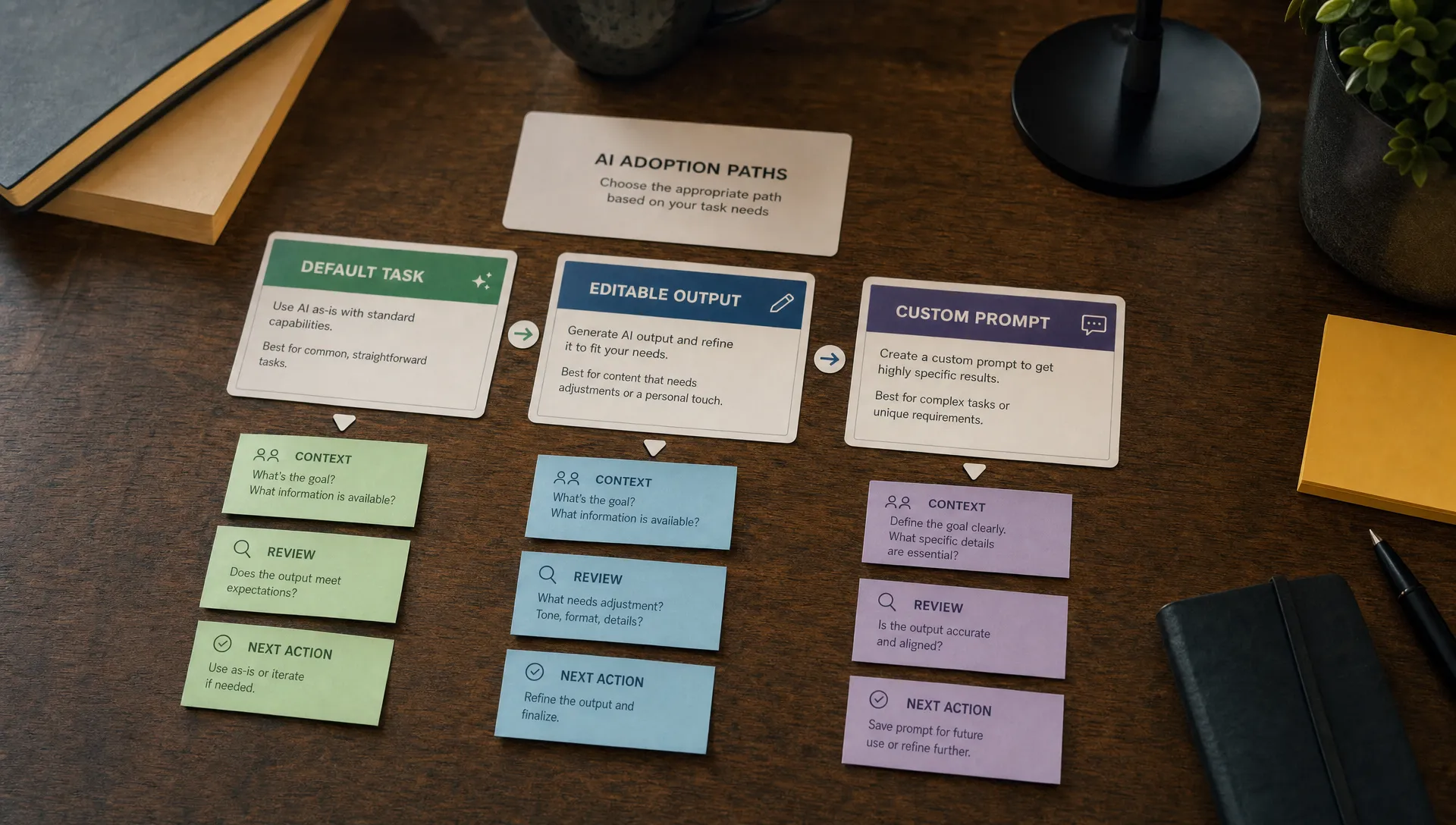A tabletop workspace with AI adoption cards arranged into default task, editable output, and custom prompt paths, with notes for context, review, and next action.