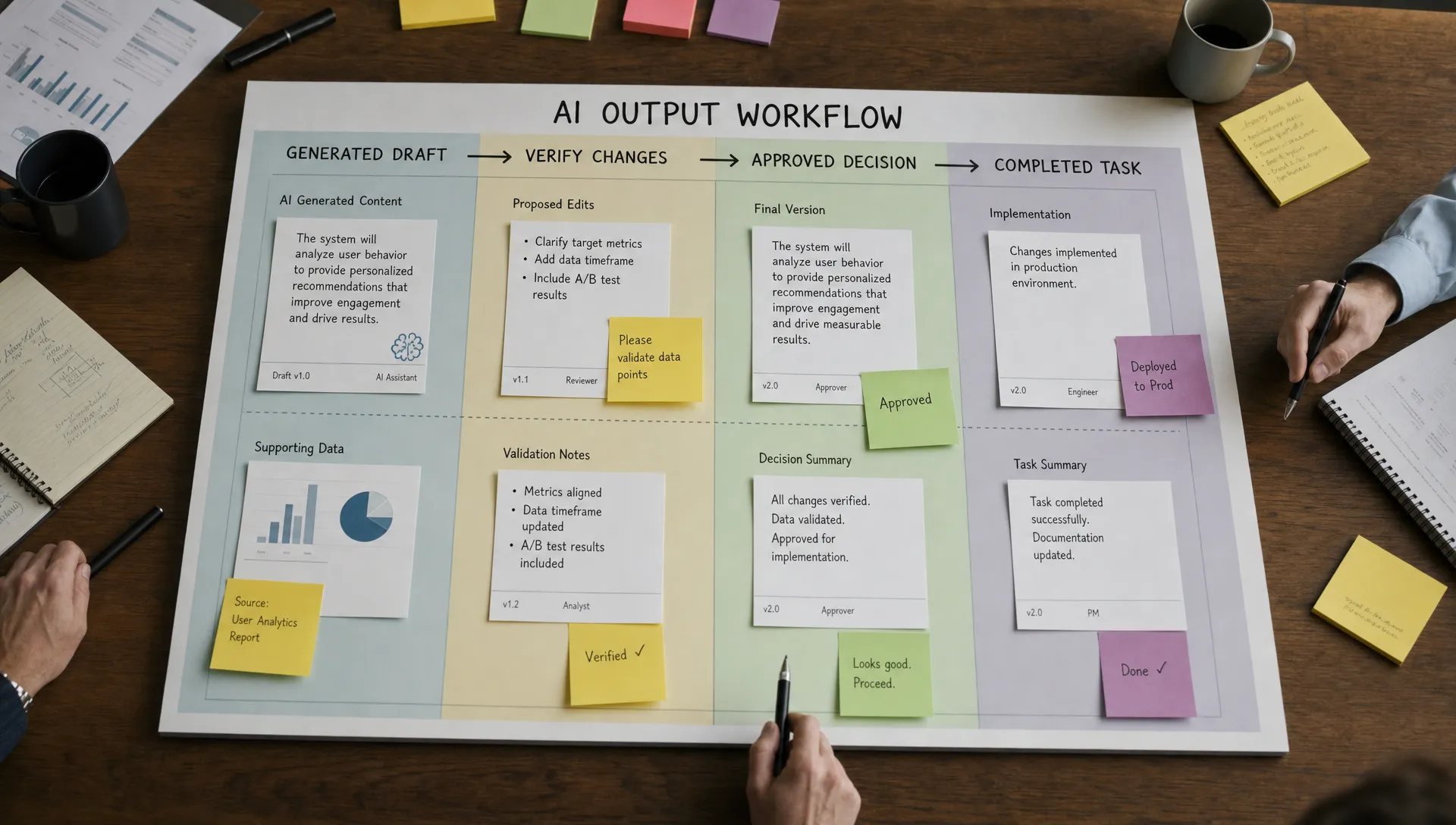 A workflow board showing AI output moving from a generated draft to verified changes, an approved decision, and a completed task, with sticky notes and document cards arranged on a table, viewed from overhead on a conference table.