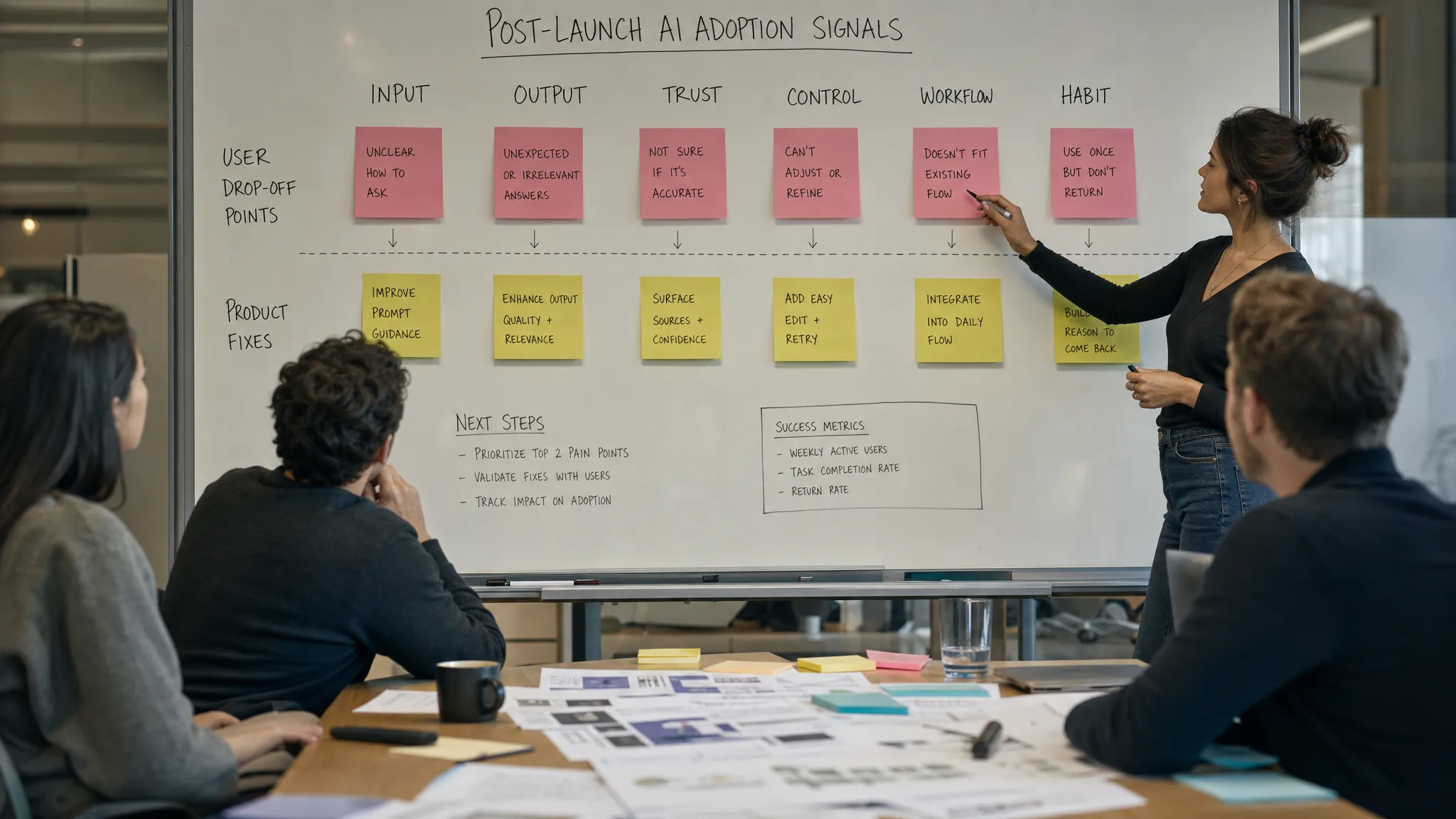 A product team mapping post-launch AI adoption signals on a whiteboard, with columns for input, output, trust, control, workflow, and habit. Sticky notes show user drop-off points and product fixes, with a pen and printed notes on the table in the foreground.
