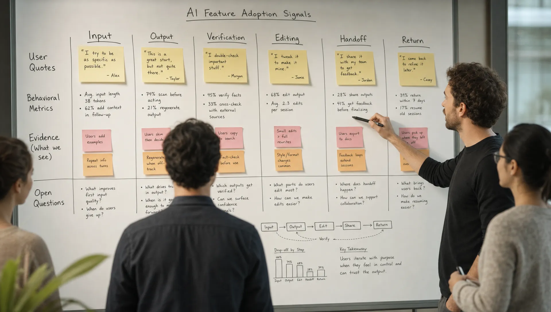 A product team mapping AI feature adoption signals on a whiteboard, with clusters for input, output, verification, editing, handoff, and return. Notes show user quotes and behavioral metrics arranged as evidence rather than conclusions.