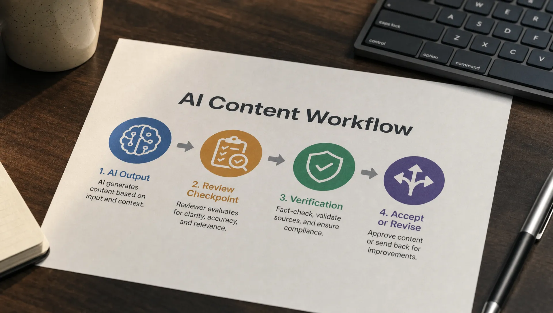 A printed workflow sheet beside a keyboard shows an AI output, a review checkpoint, a verification step and a final accept-or-revise decision.