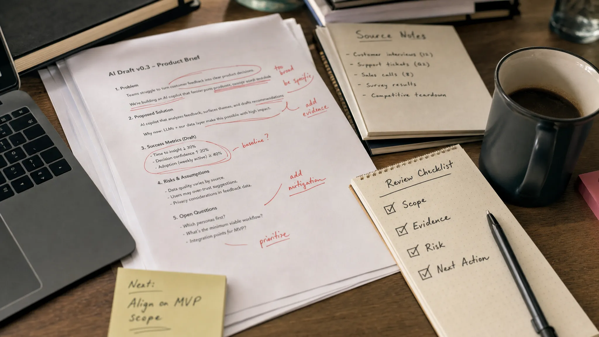 A marked-up AI draft on a desk beside source notes, a checklist labeled scope, evidence, risk, and next action, and a coffee cup, showing a practical review workflow for a busy product team.