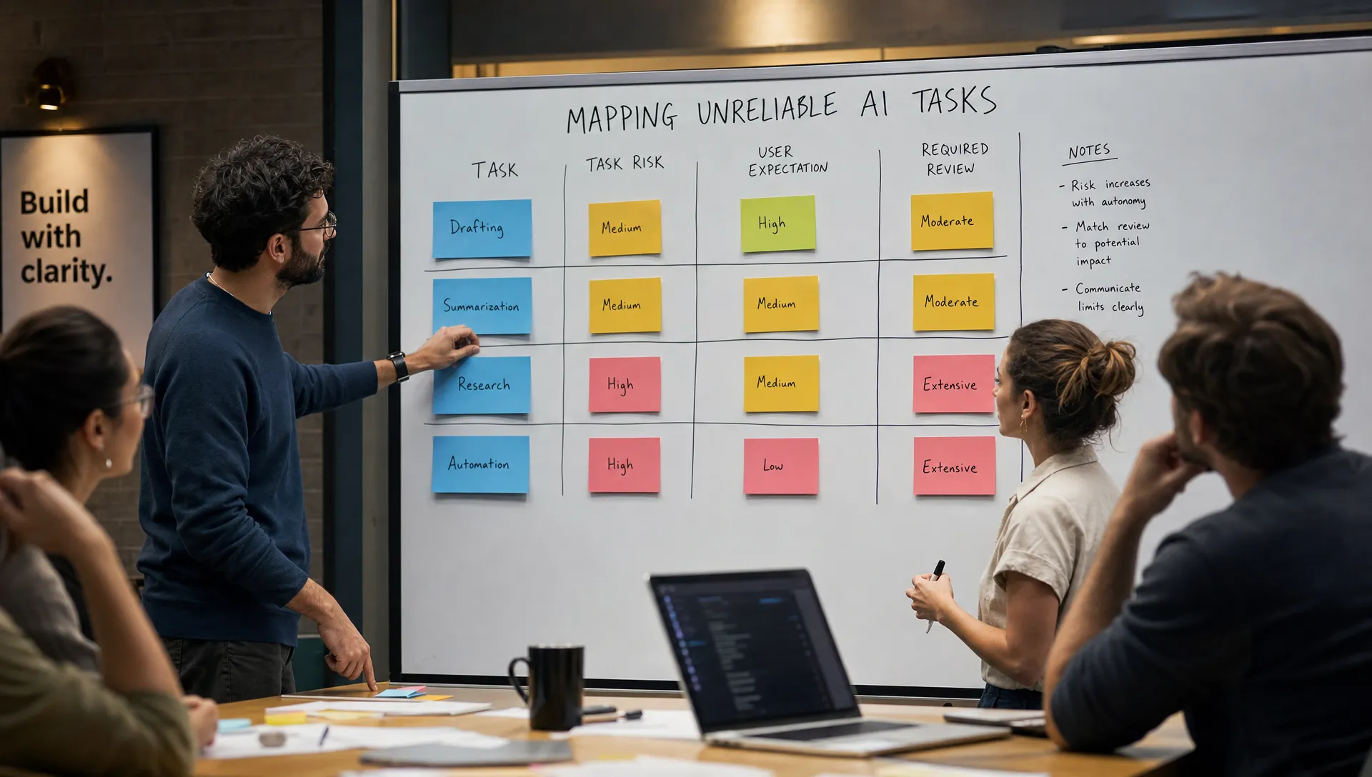 A product team maps unreliable AI tasks on a board by task risk, user expectation, and required review, with cards for drafting, summarization, research, and automation.