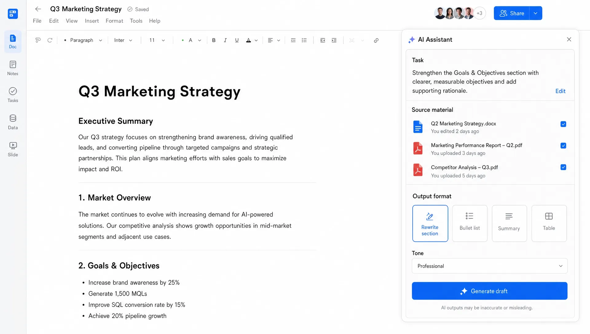 A product interface concept showing an AI prompt area inside a working document, with visible task context, selected source material, output format choices, and a clear next action instead of a blank text box alone.