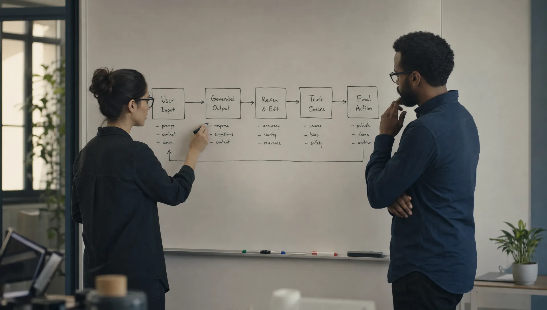 Two product people stand at a whiteboard in a quiet office, tracing user input, generated output, review steps, trust checks, and the final action in one connected flow.