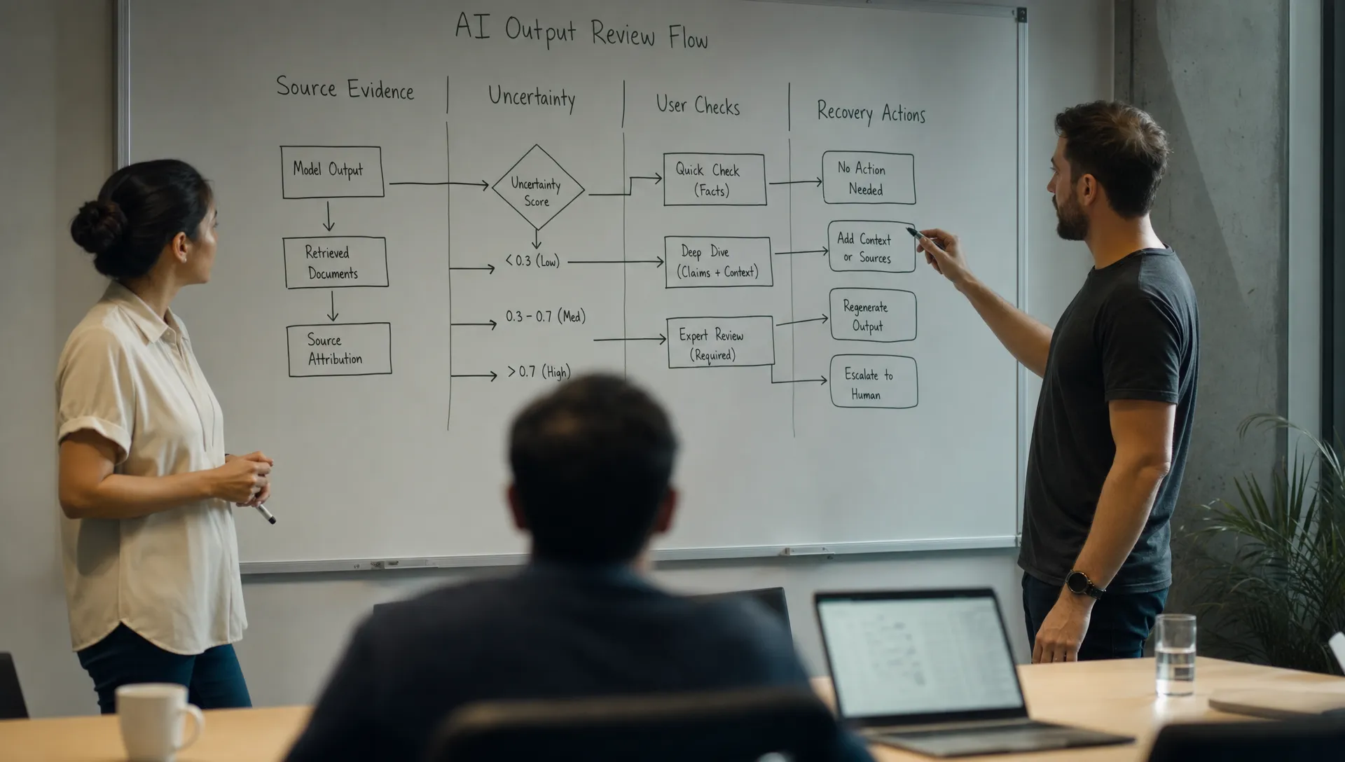 A product team reviewing an AI output flow on a whiteboard, with columns for source evidence, uncertainty, user checks, and recovery actions, seen from over the shoulder of one person in a meeting room.