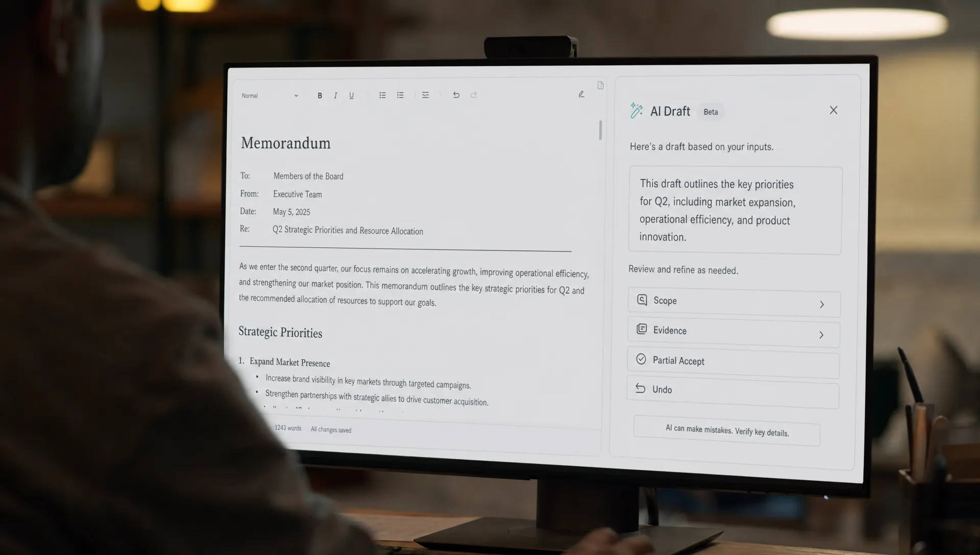 A product interface shows an AI draft beside scope, evidence, partial accept, and undo controls.