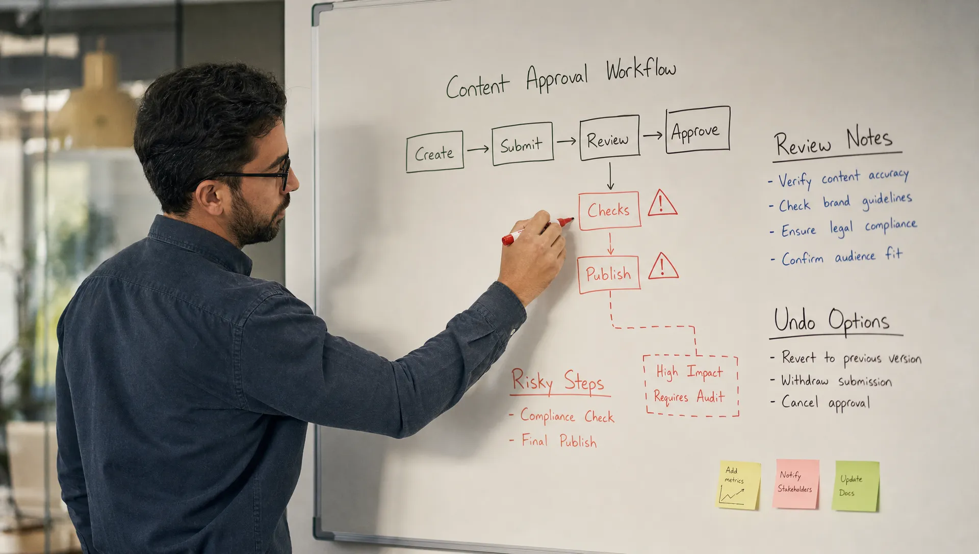 A product manager marks risky workflow steps on a whiteboard beside review and undo notes.