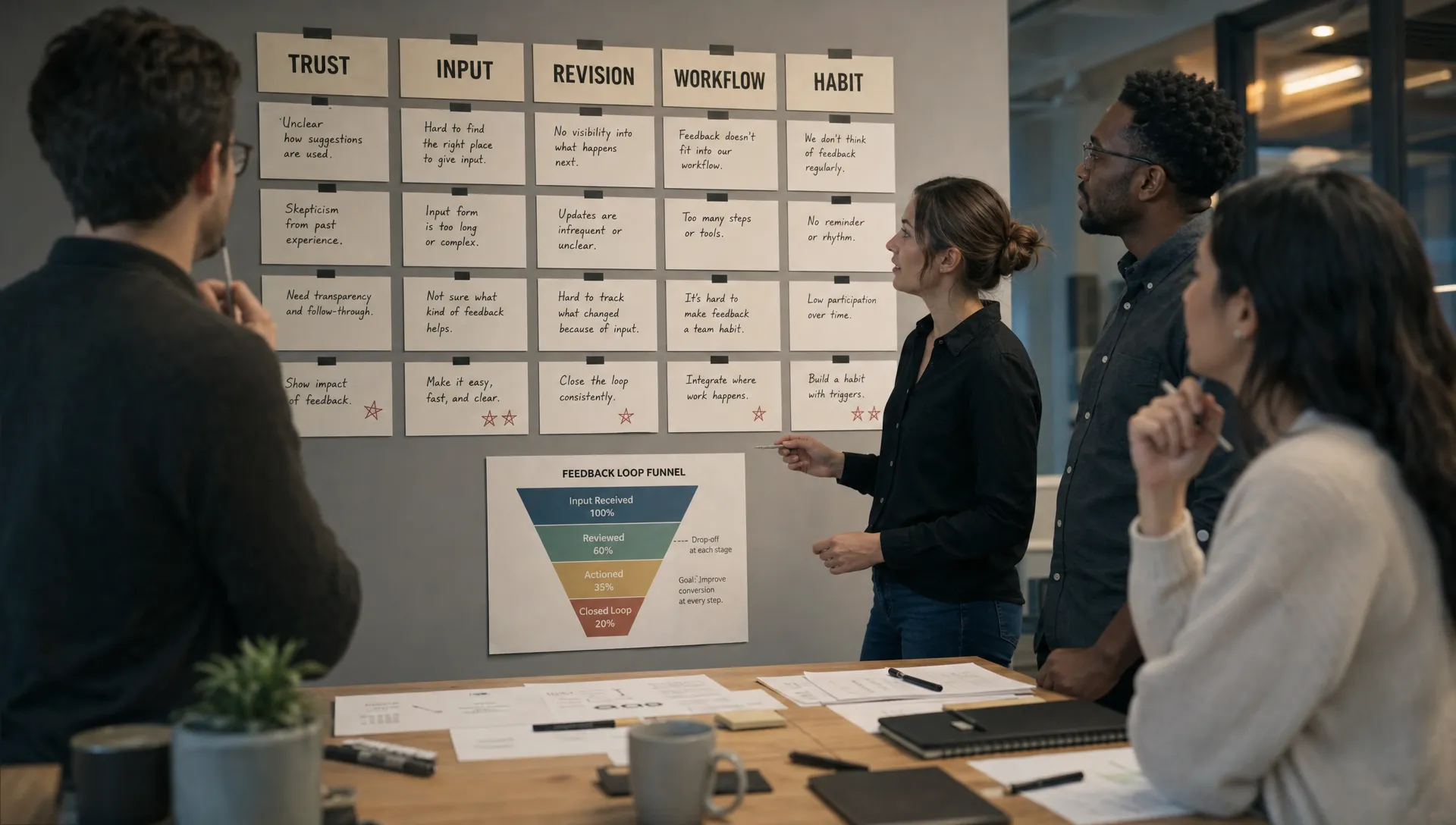 A small product team studies a wall of symptom cards labeled trust, input, revision, workflow, and habit, with a printed funnel chart and a few marked notes spread on the table below.