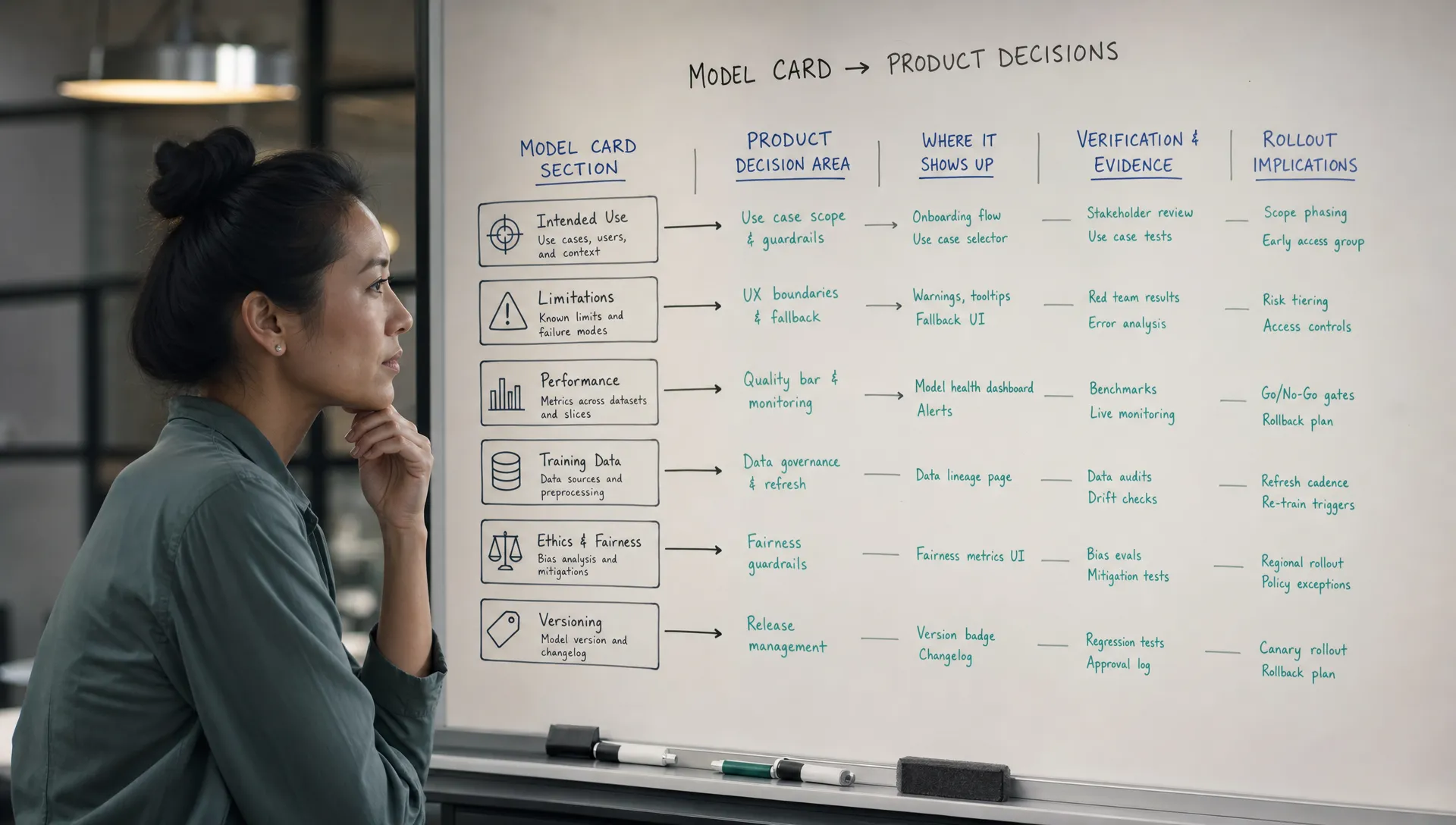 A product lead studies a whiteboard that maps model card sections to product decisions, linking limitations, workflow moments, verification steps, and rollout choices.