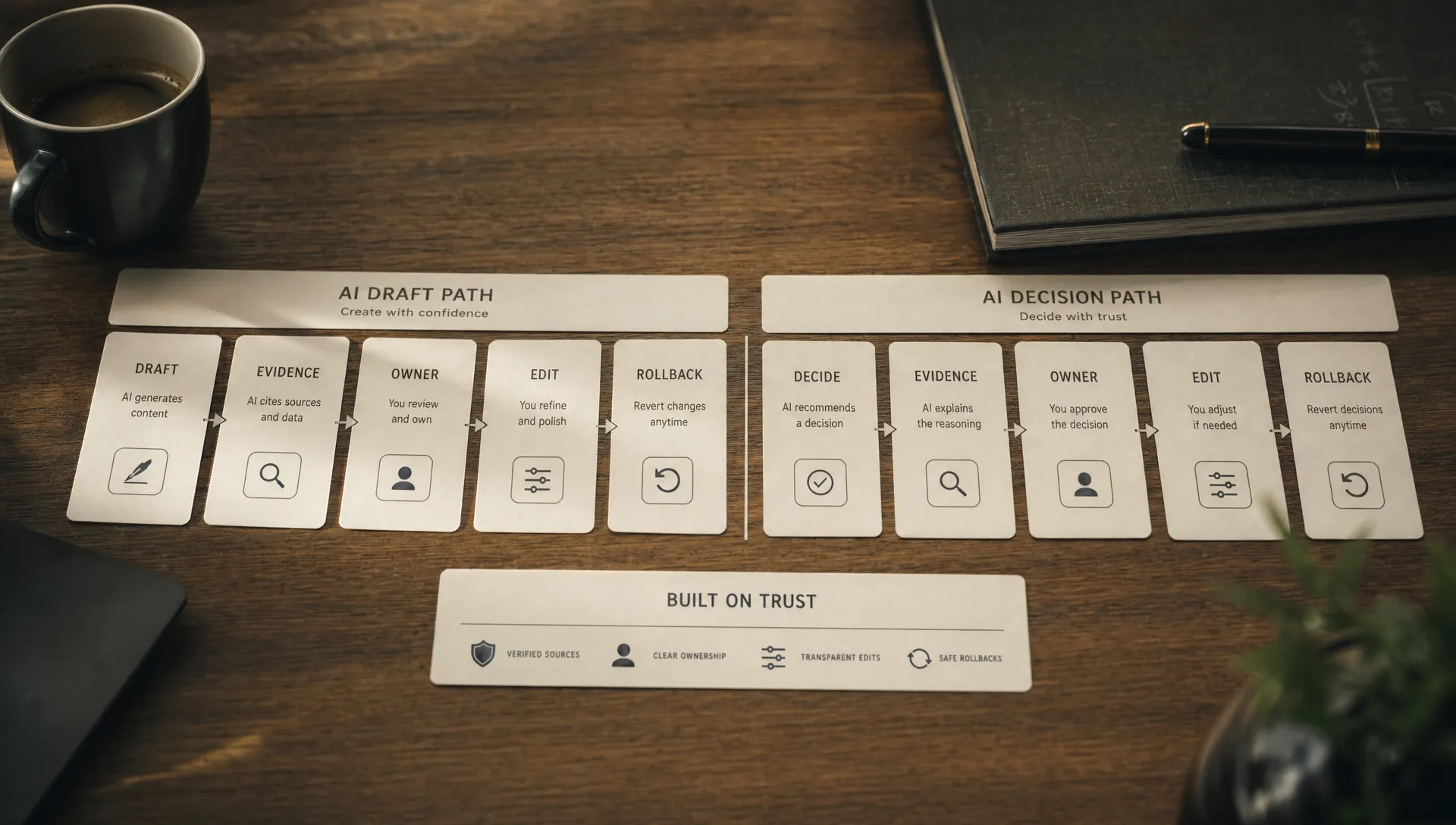 A tabletop spread of cards shows an AI draft path beside an AI decision path, with checkpoints for evidence, owner, edit, and rollback.