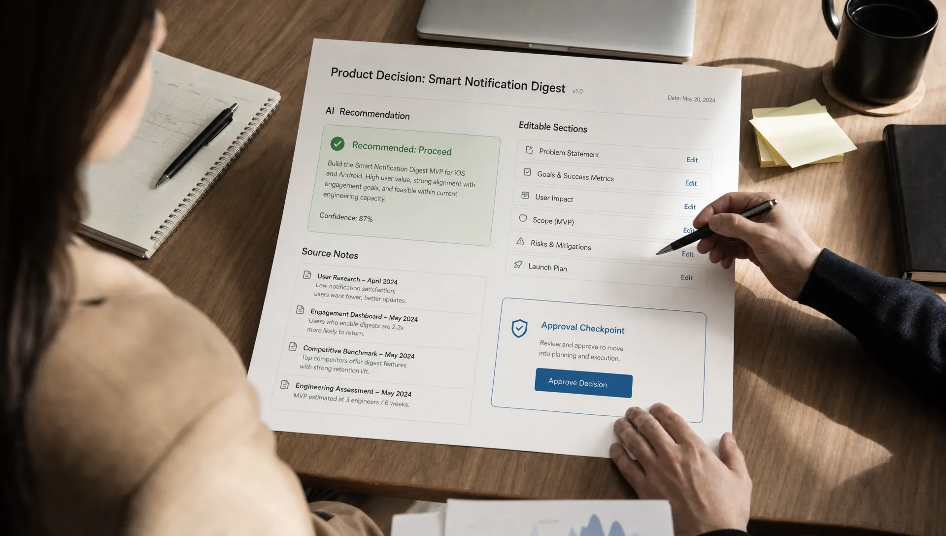 A product decision workspace with an AI recommendation, source notes, editable sections, and an approval checkpoint arranged on a table for review.