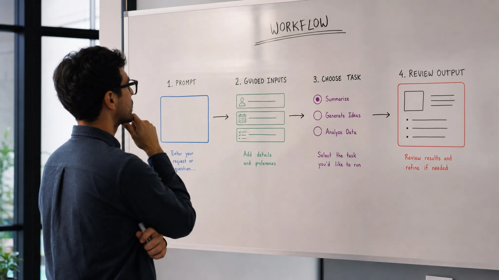A product manager studies a whiteboard workflow with a blank prompt box, guided inputs, task choices, and output review steps.