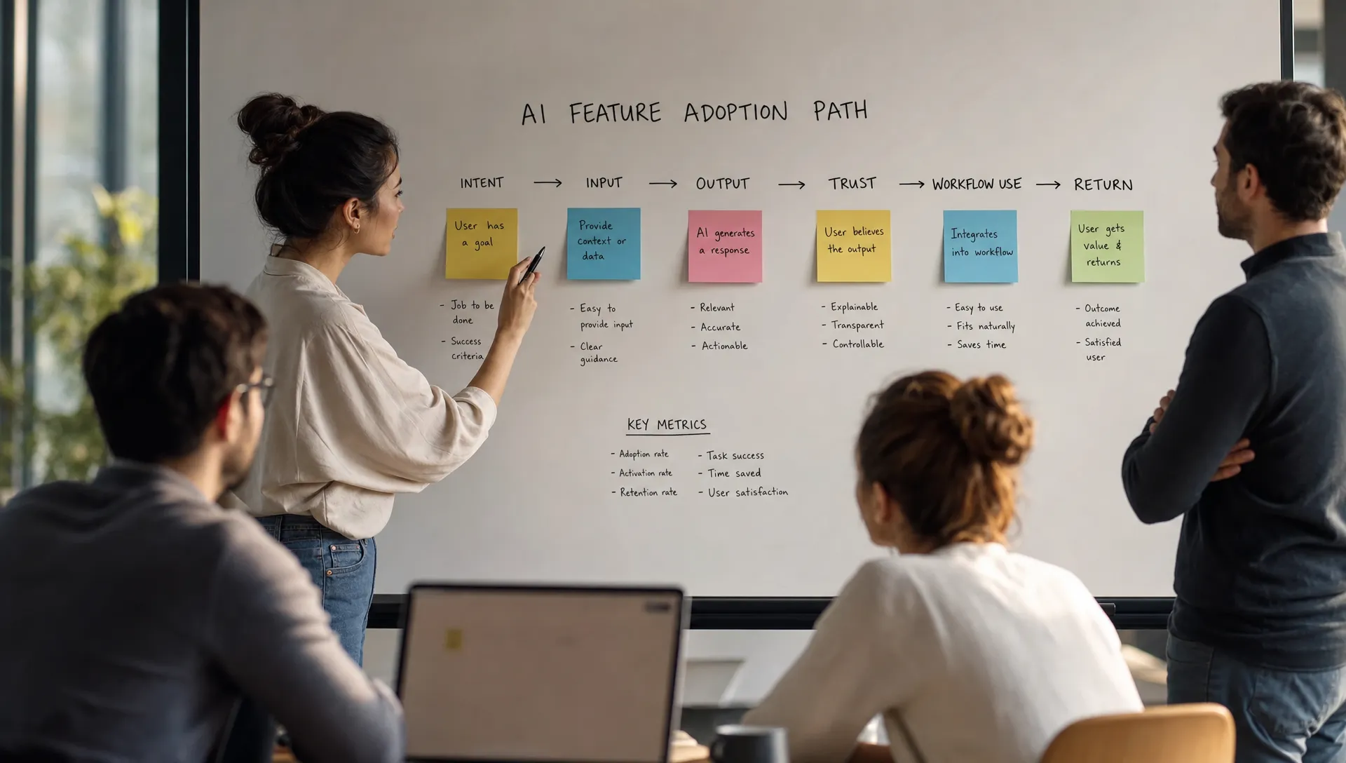 A product team studies an AI feature adoption path on a whiteboard, with stages for intent, input, output, trust, workflow use, and return marked with sticky notes.
