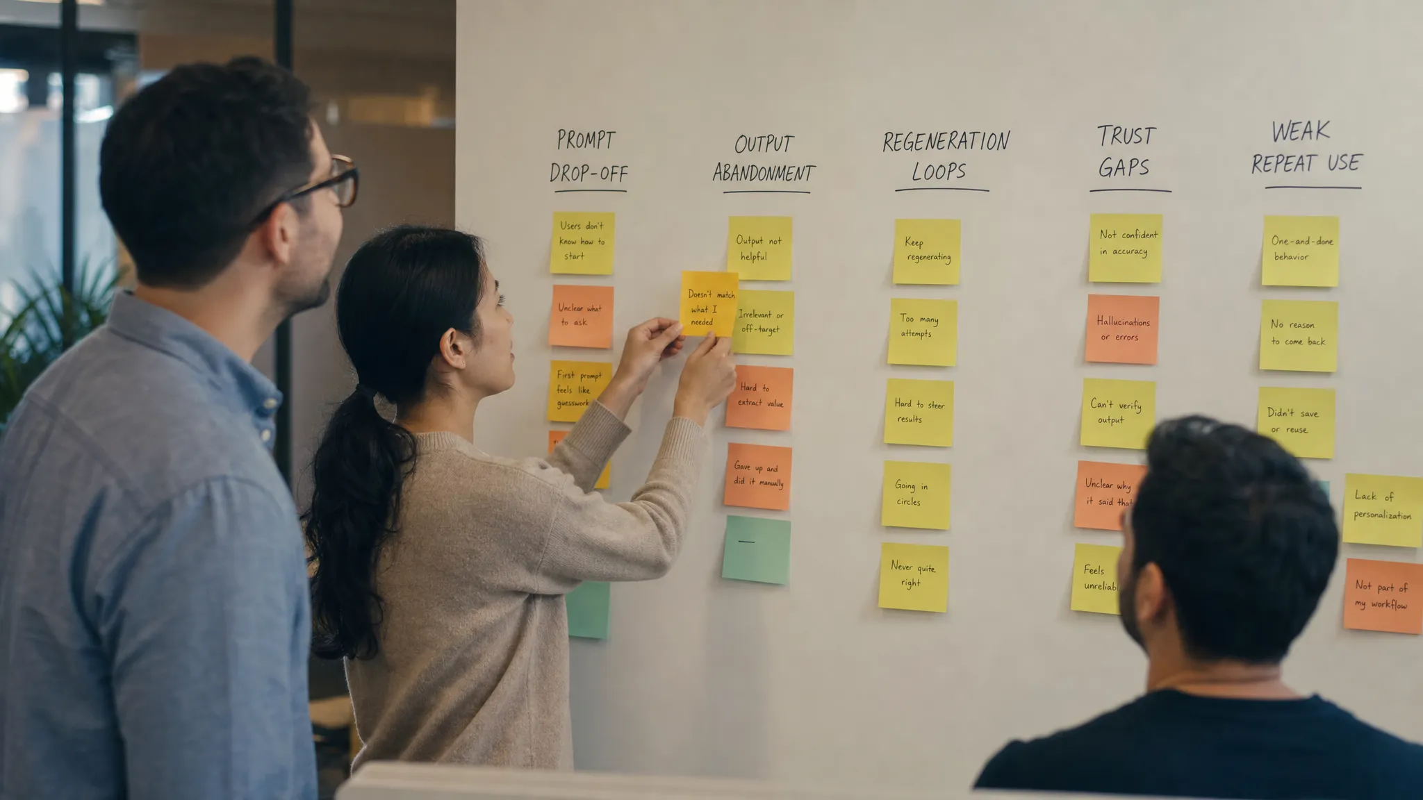 A product team clusters sticky notes on a wall into AI adoption symptoms such as prompt drop-off, output abandonment, regeneration loops, trust gaps, and weak repeat use.