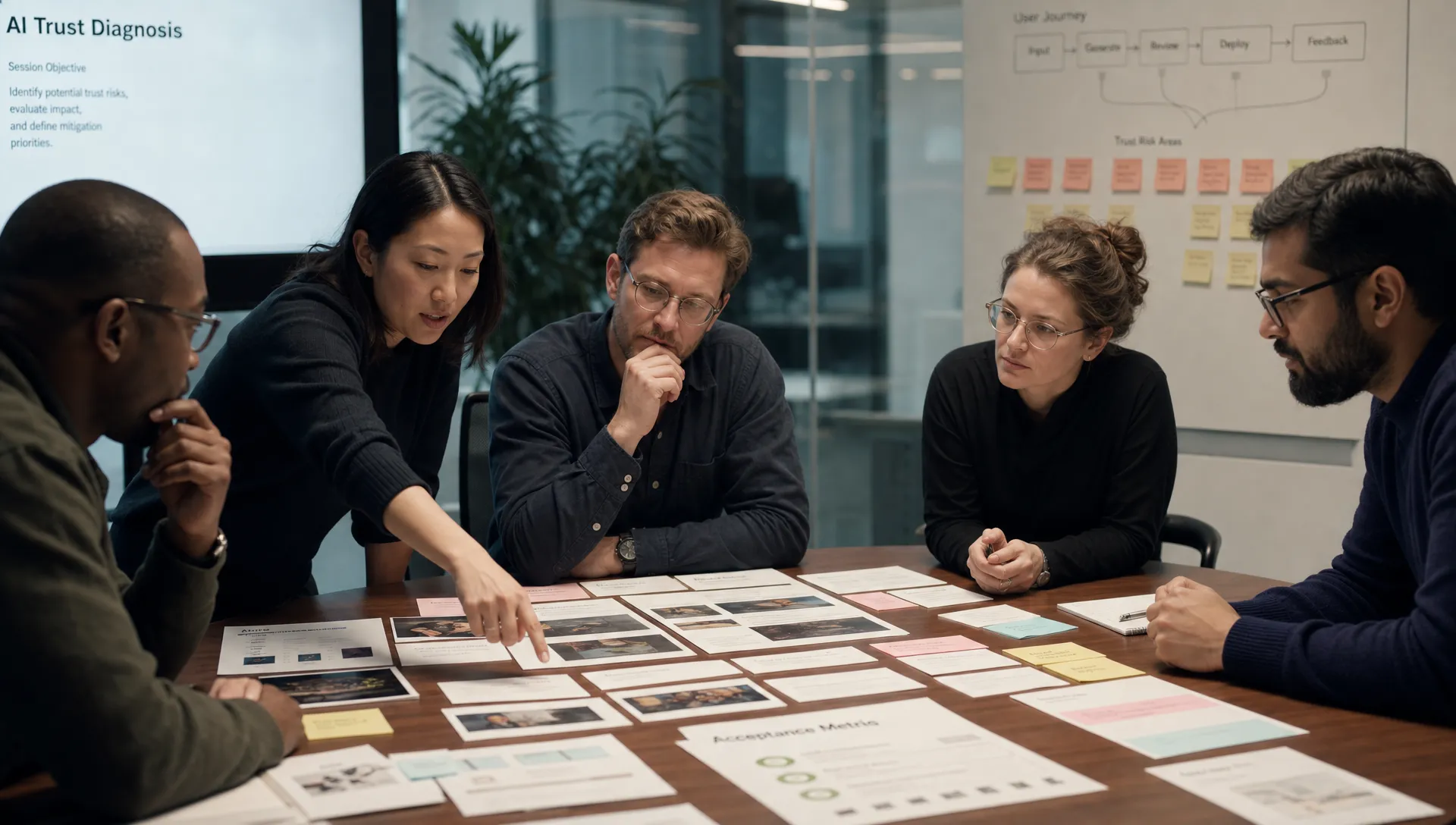 A product team reviews printed AI output examples, annotated workflow cards, and acceptance metrics spread across a conference table during a trust diagnosis session.