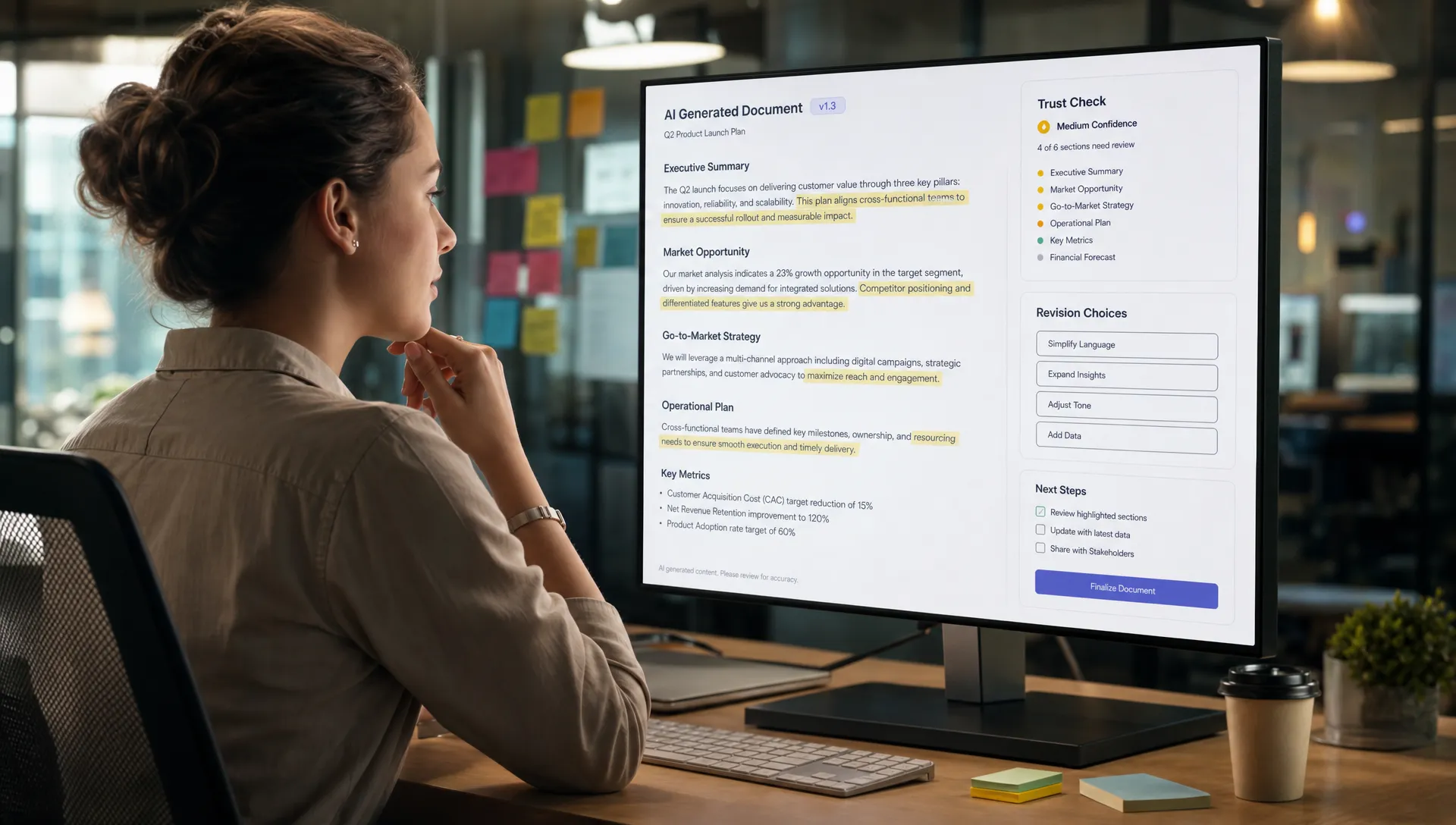 A product manager reviewing an AI-generated document inside a collaborative workspace, with highlighted sections for trust checks, revision choices, and next-step actions.