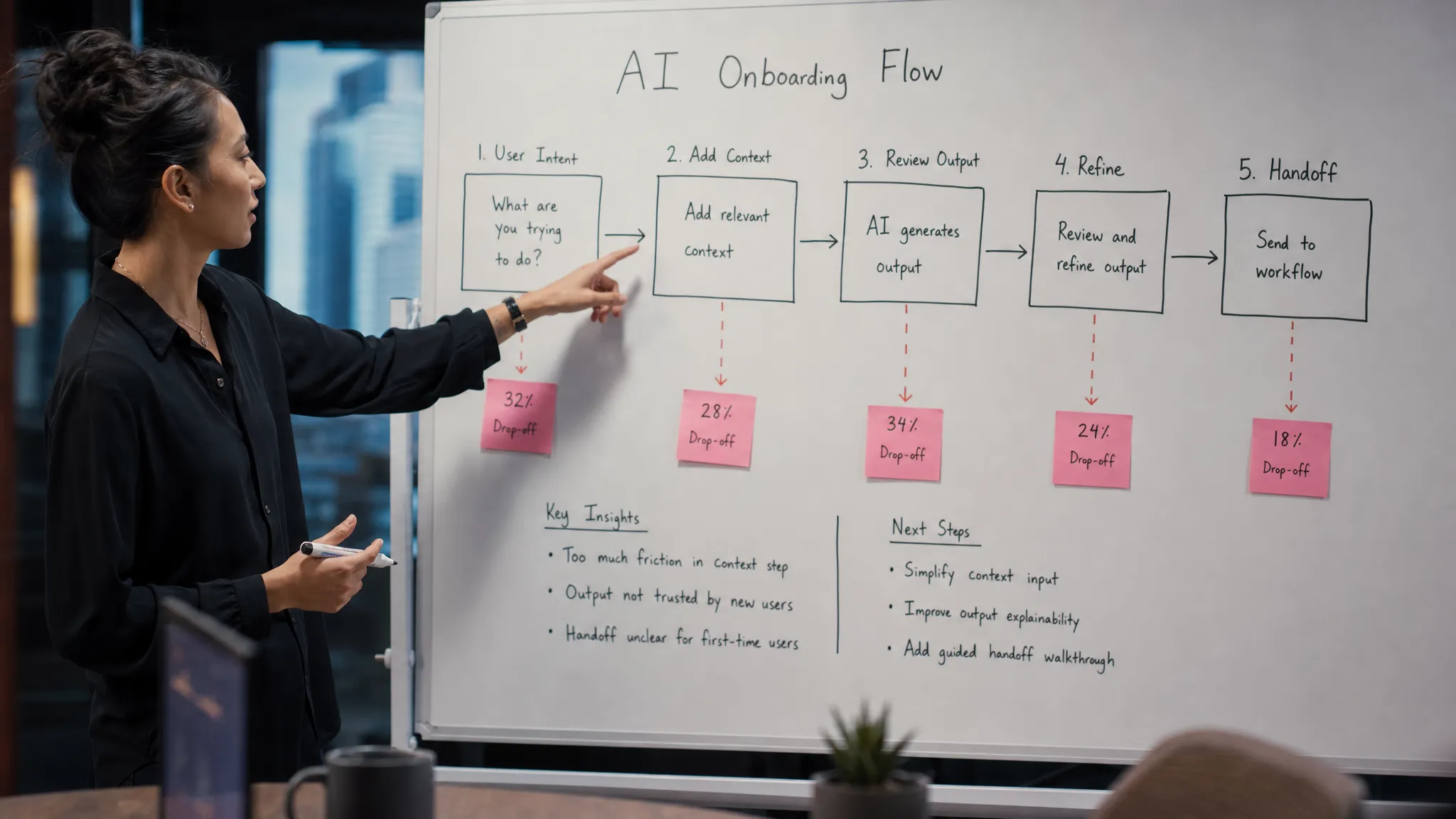 A product manager reviews an AI onboarding flow on a whiteboard, mapping the path from user intent to context, output review, and workflow handoff. Sticky notes show where live users drop off after the demo.