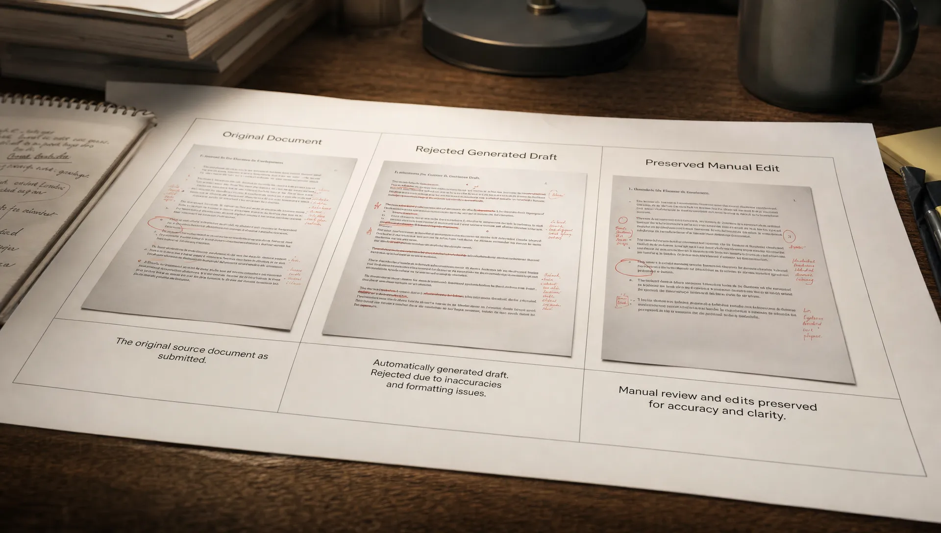 Printed workflow pages show an original document, a rejected generated draft, and a preserved manual edit side by side.
