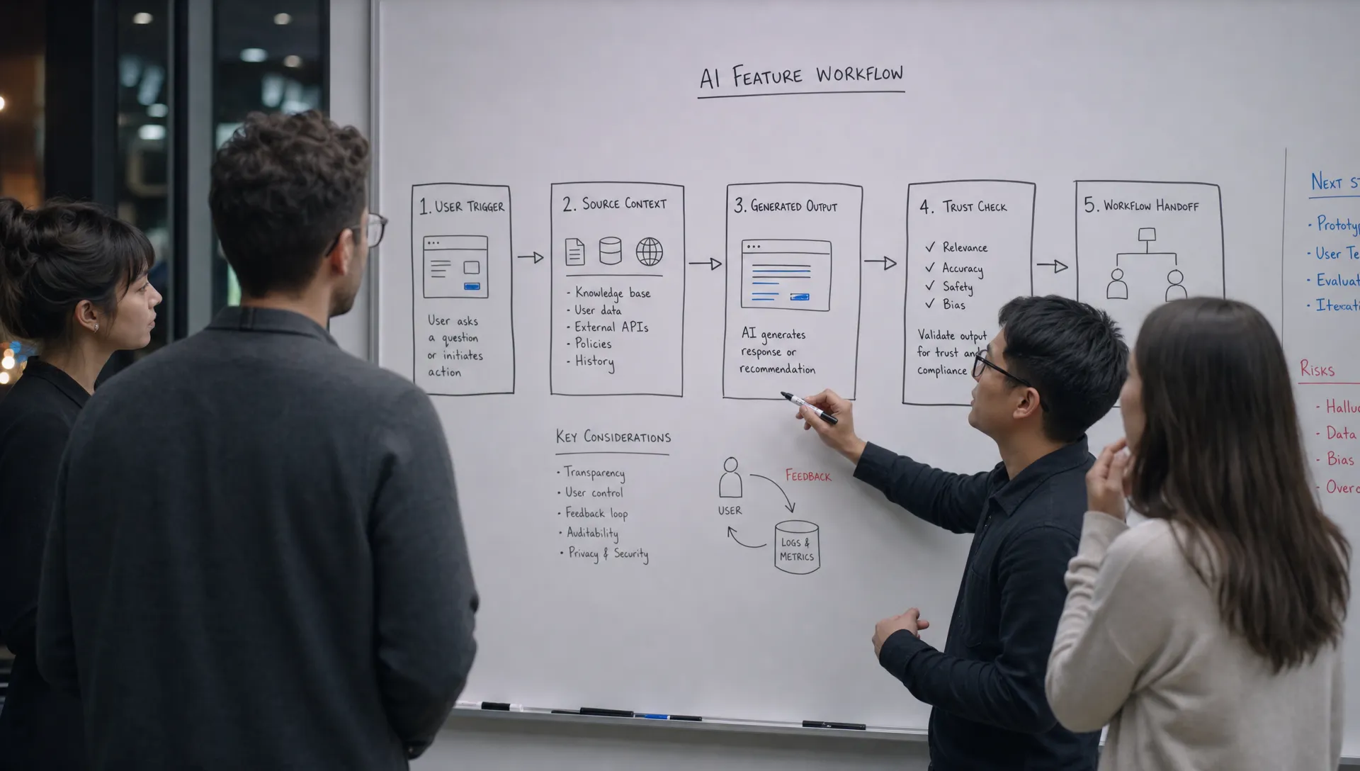 A product team mapping an AI feature from user trigger to source context, generated output, trust check, and final workflow handoff on a whiteboard.