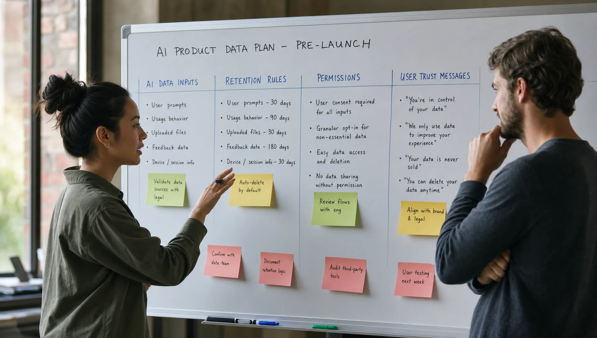 Two product teammates reviewing a planning board with columns for AI data inputs, retention rules, permissions, and user trust messages before launch.
