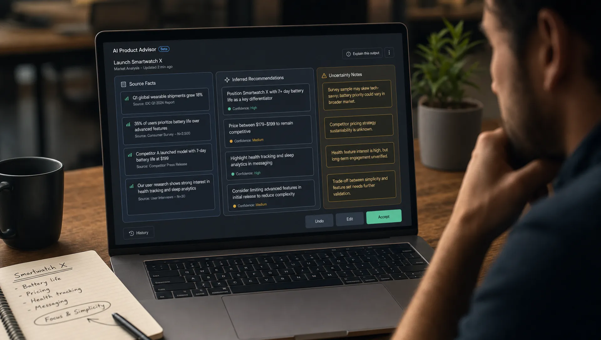 A laptop screen facing the viewer shows an AI product interface with output split into source facts, inferred recommendations, highlighted uncertainty notes, and accept, edit, and undo controls. A product manager reviews the screen with a notebook beside the laptop.