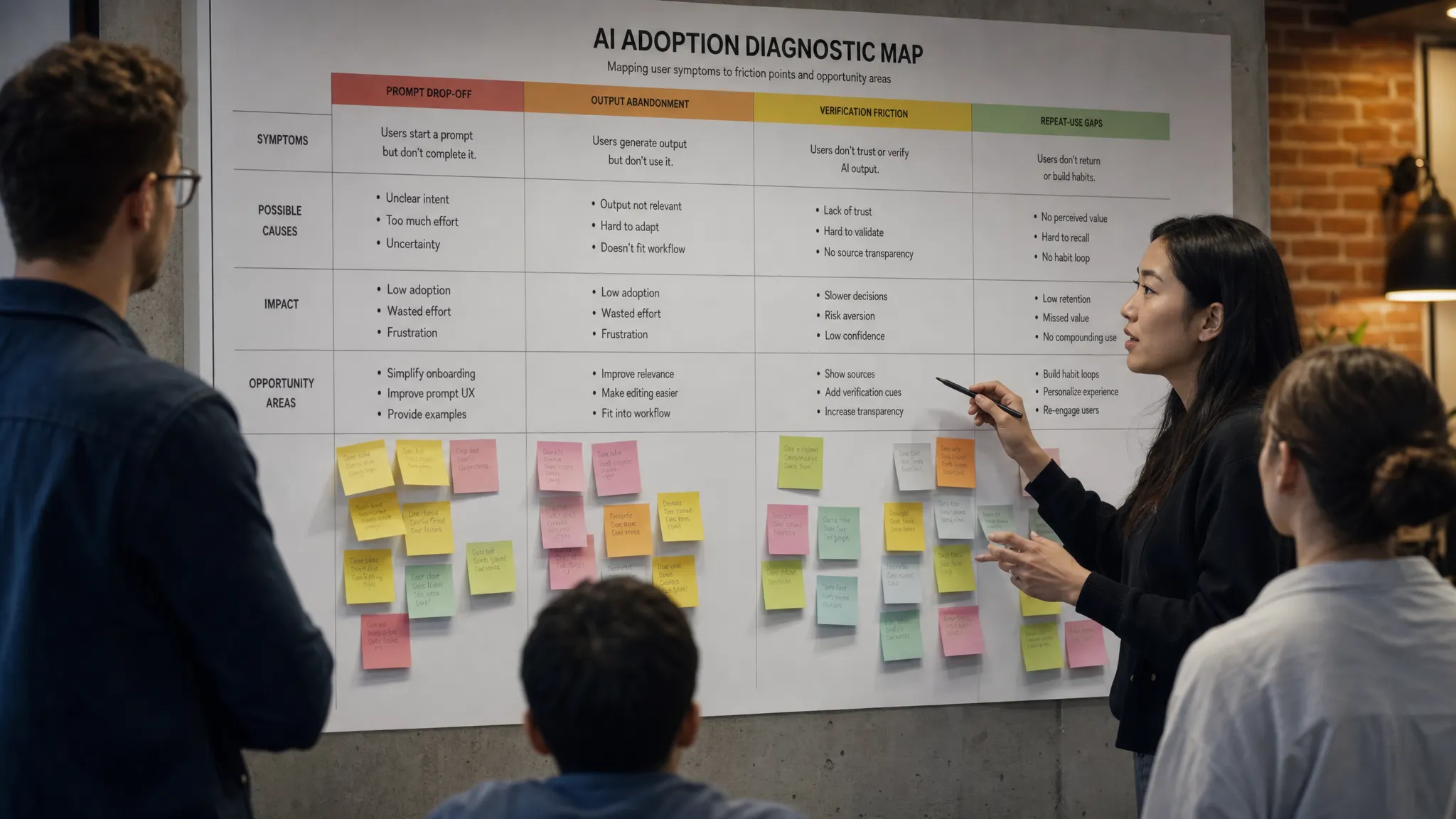 A product team studying an AI adoption diagnostic map on a wall, with sticky notes grouped by user symptoms such as prompt drop-off, output abandonment, verification friction, and repeat-use gaps.