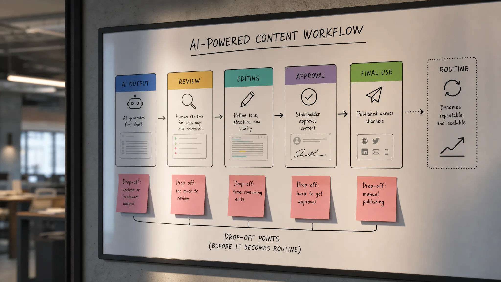 A product workflow board with cards showing an AI output moving through review, editing, approval, and final use, with sticky notes marking where users drop off before the work becomes routine.