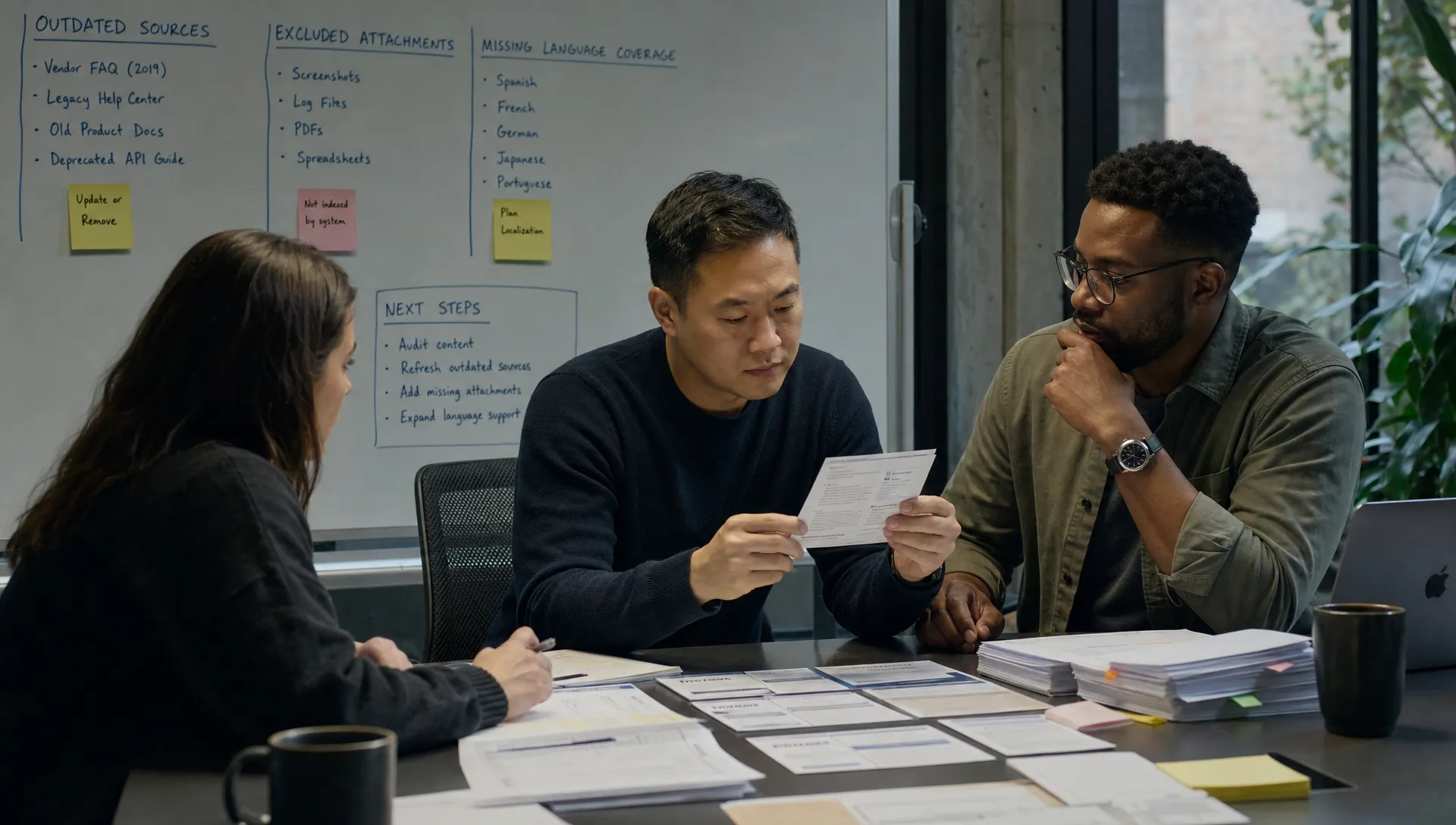 A product team reviews data cards beside support documents, with notes on outdated sources, excluded attachments and missing language coverage.