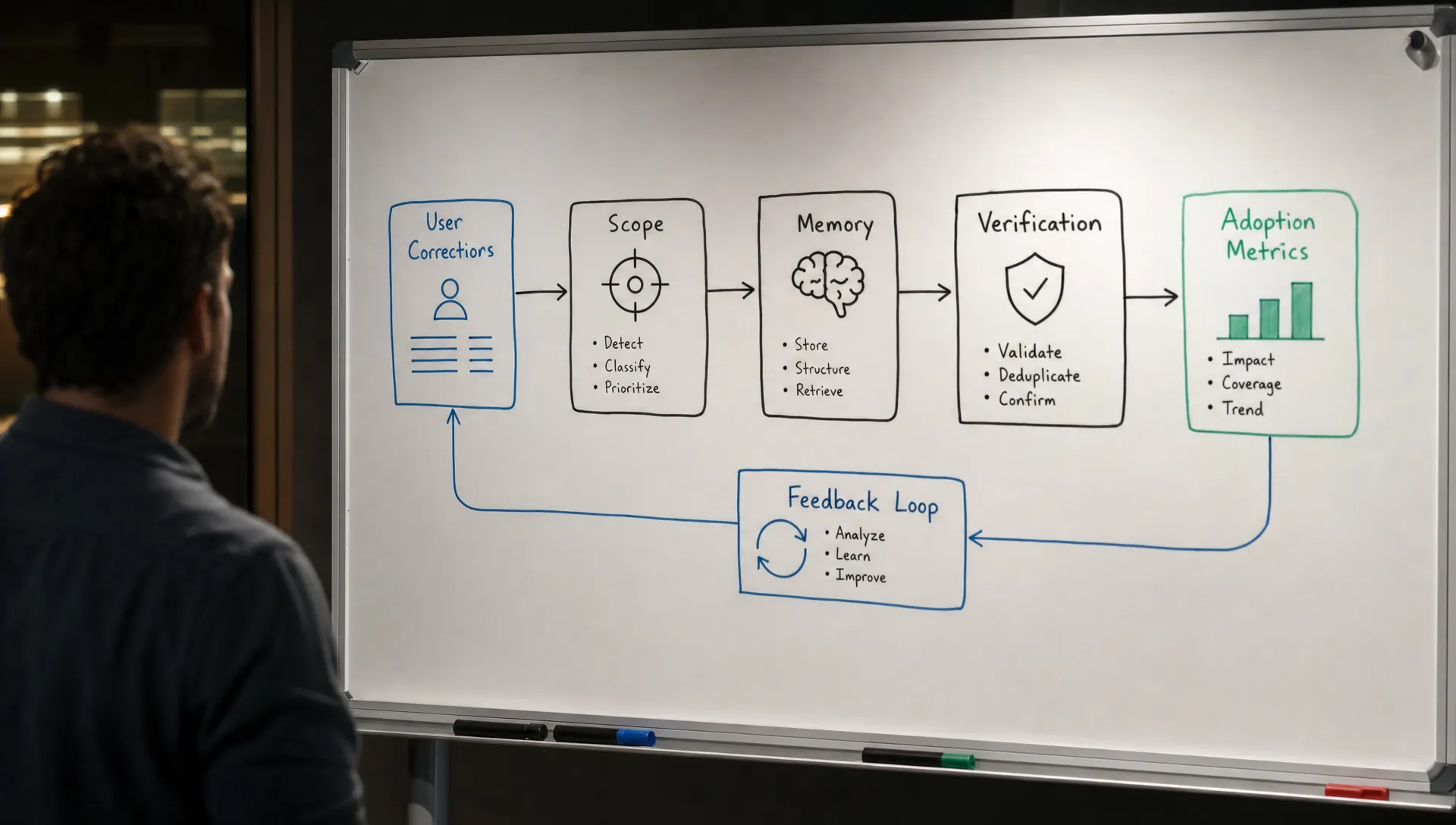 A whiteboard map shows user corrections flowing into scope, memory, verification and adoption metrics.