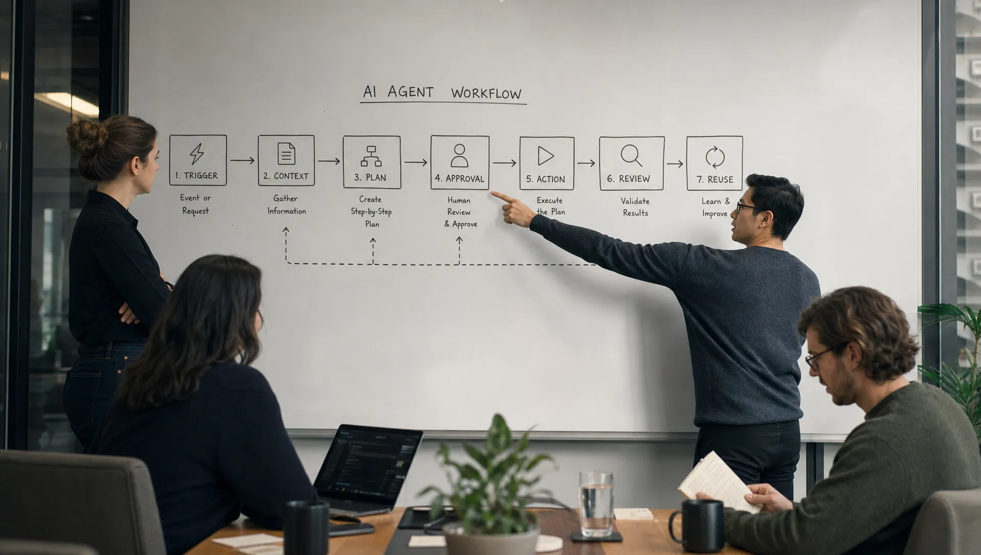 A product team mapping an AI agent workflow on a whiteboard, showing trigger, context, plan, approval, action, review, and reuse as connected steps, with one person pointing at the approval step while another reviews notes at the table.