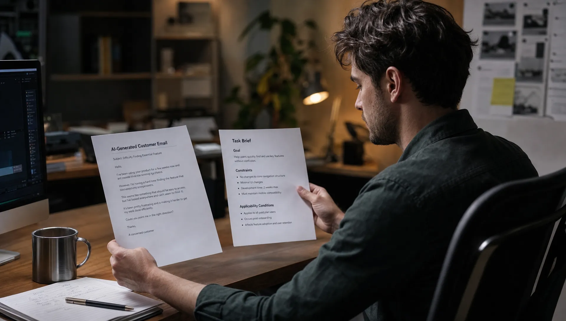 A product designer reviews a printed AI-generated customer email beside a task brief showing the goal, constraints, and applicability conditions.