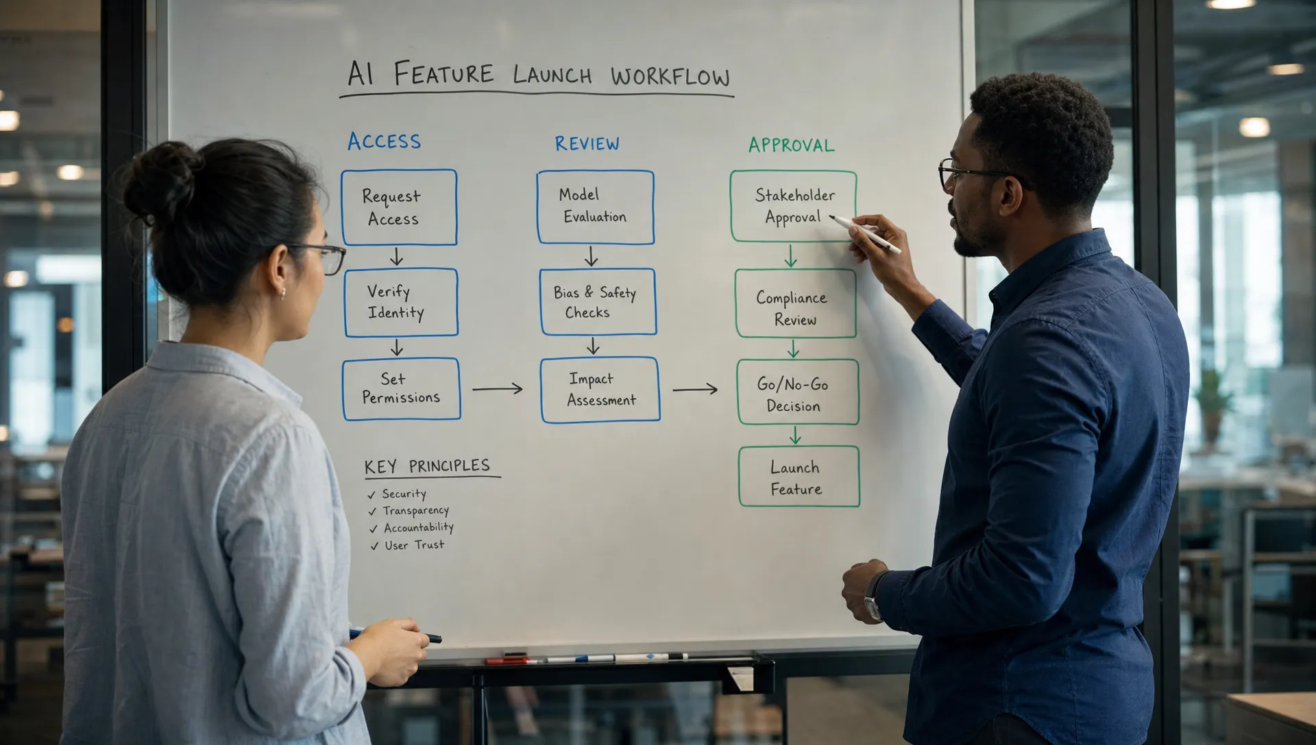 Two teammates review a workflow map that separates access, review, and approval steps before an AI feature goes live.