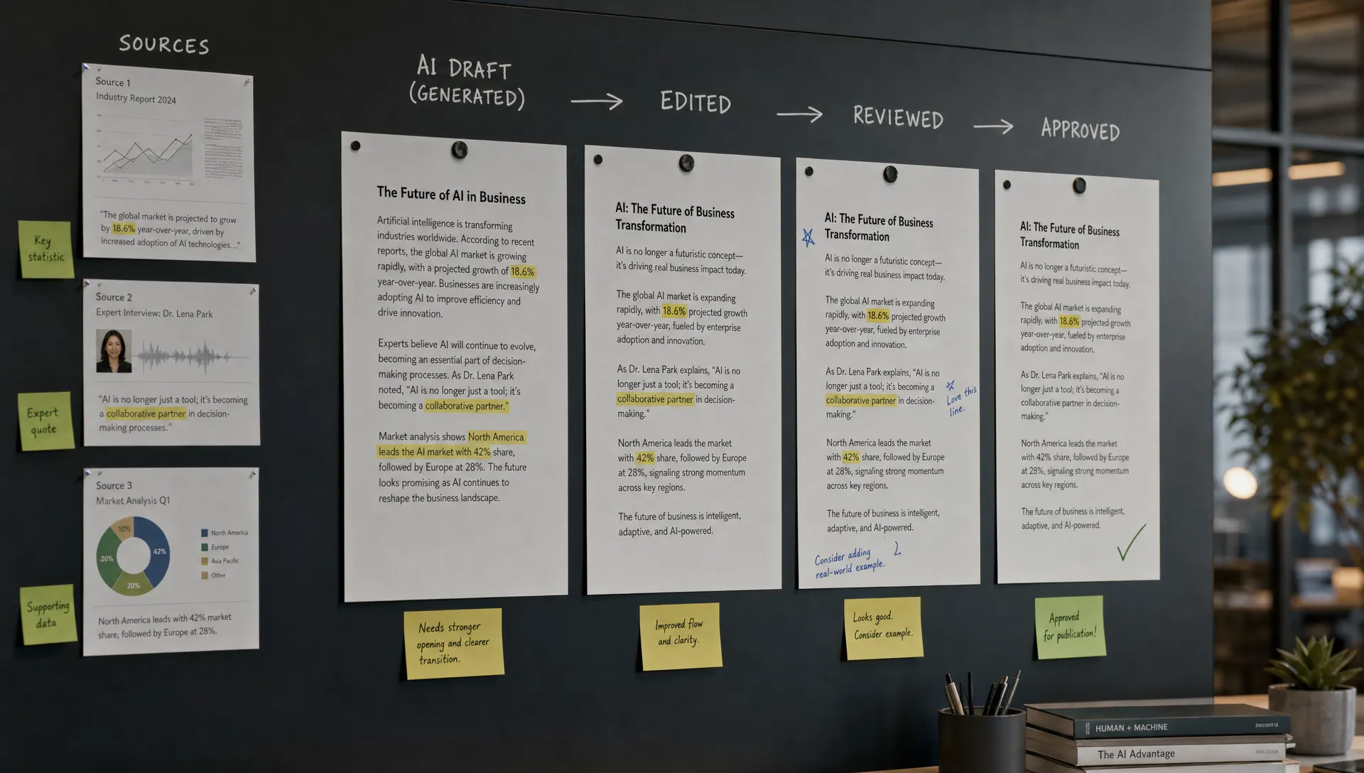 A workflow board showing an AI draft moving from generated to edited, reviewed, and approved, with notes and source snippets beside it.