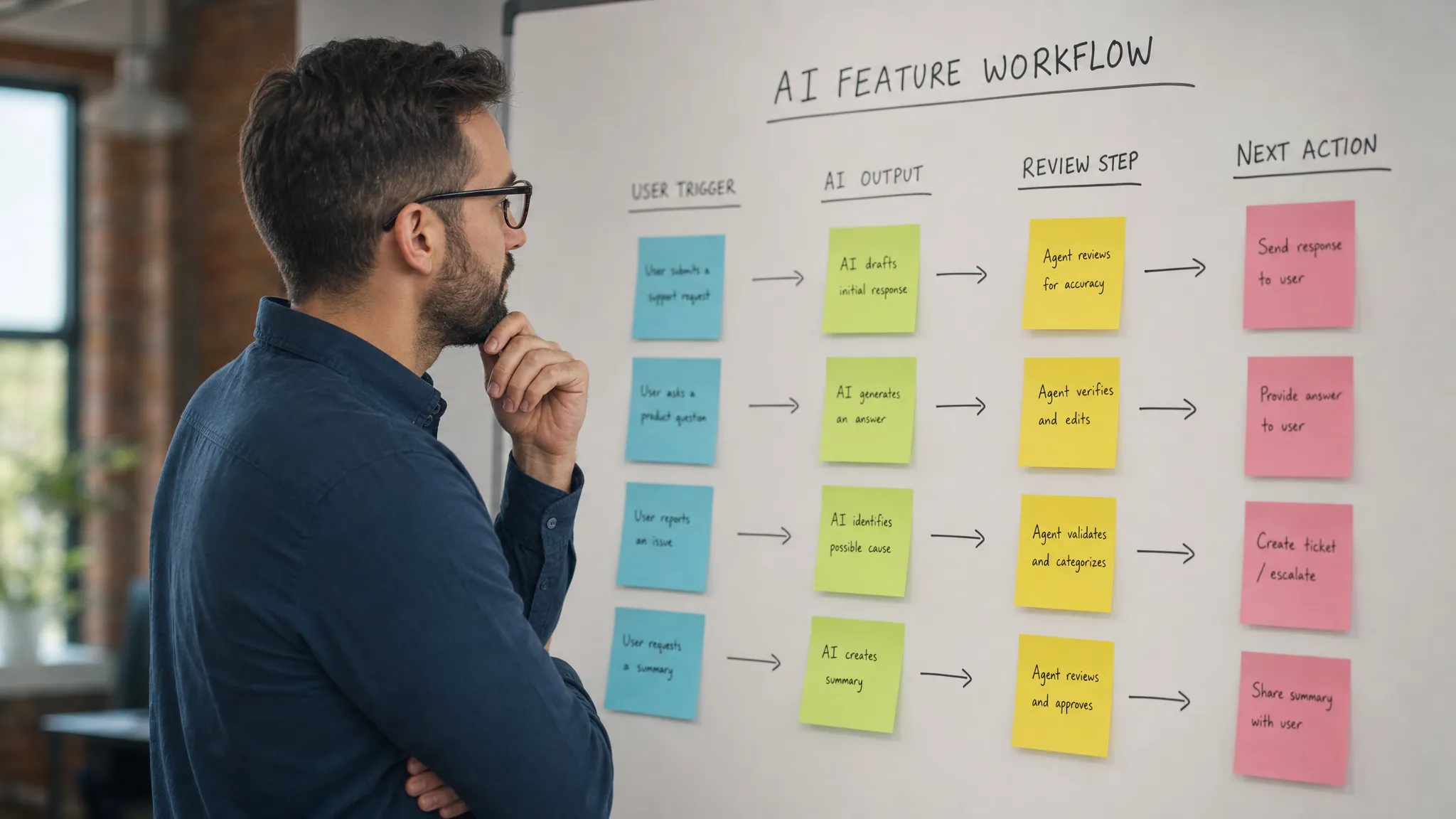 A product manager studies an AI feature workflow on a whiteboard, with sticky notes grouped by user trigger, AI output, review step, and next action.