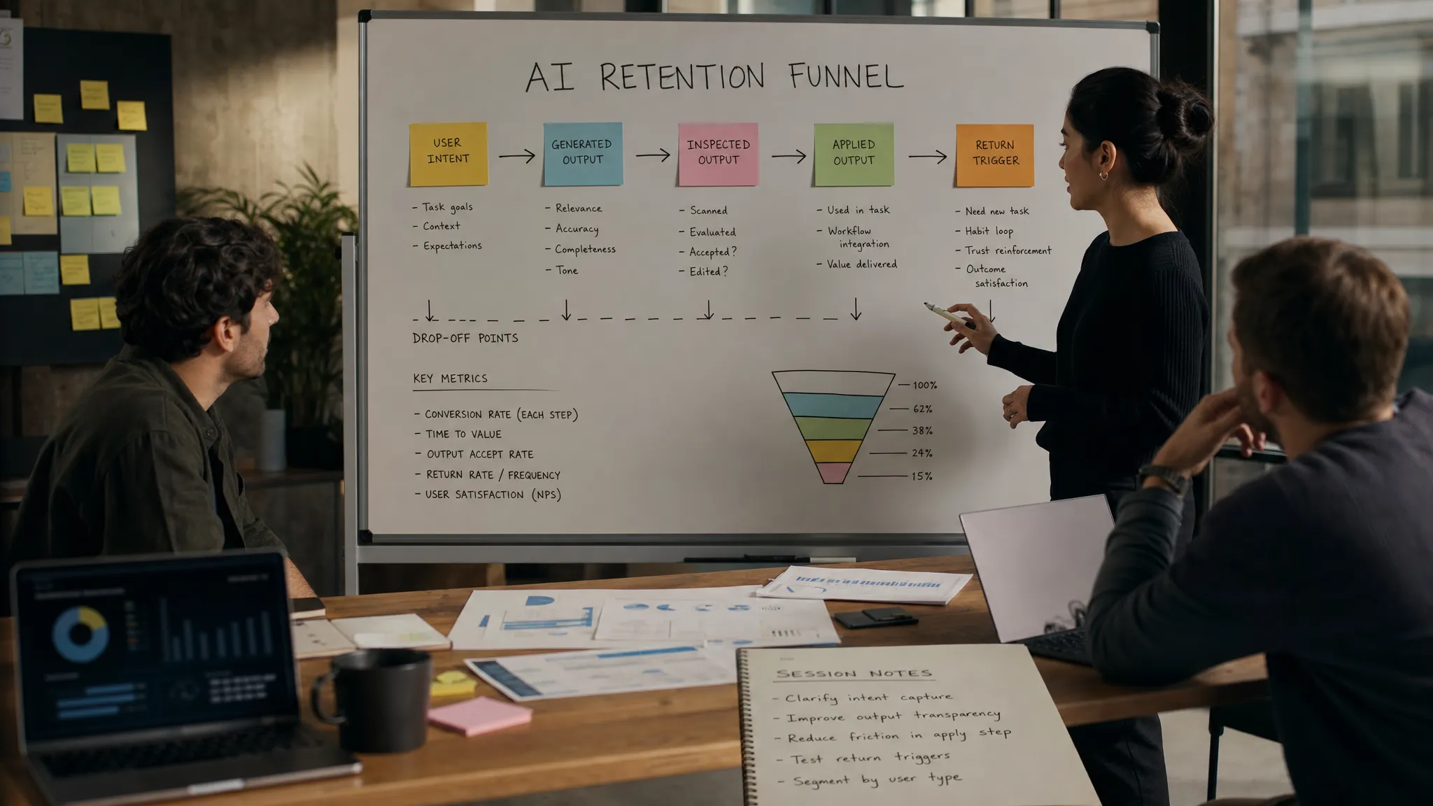 A product team room with a whiteboard mapping an AI retention funnel. Sticky notes show user intent, generated output, inspected output, applied output, and return trigger. Session notes and analytics printouts sit on a table nearby.